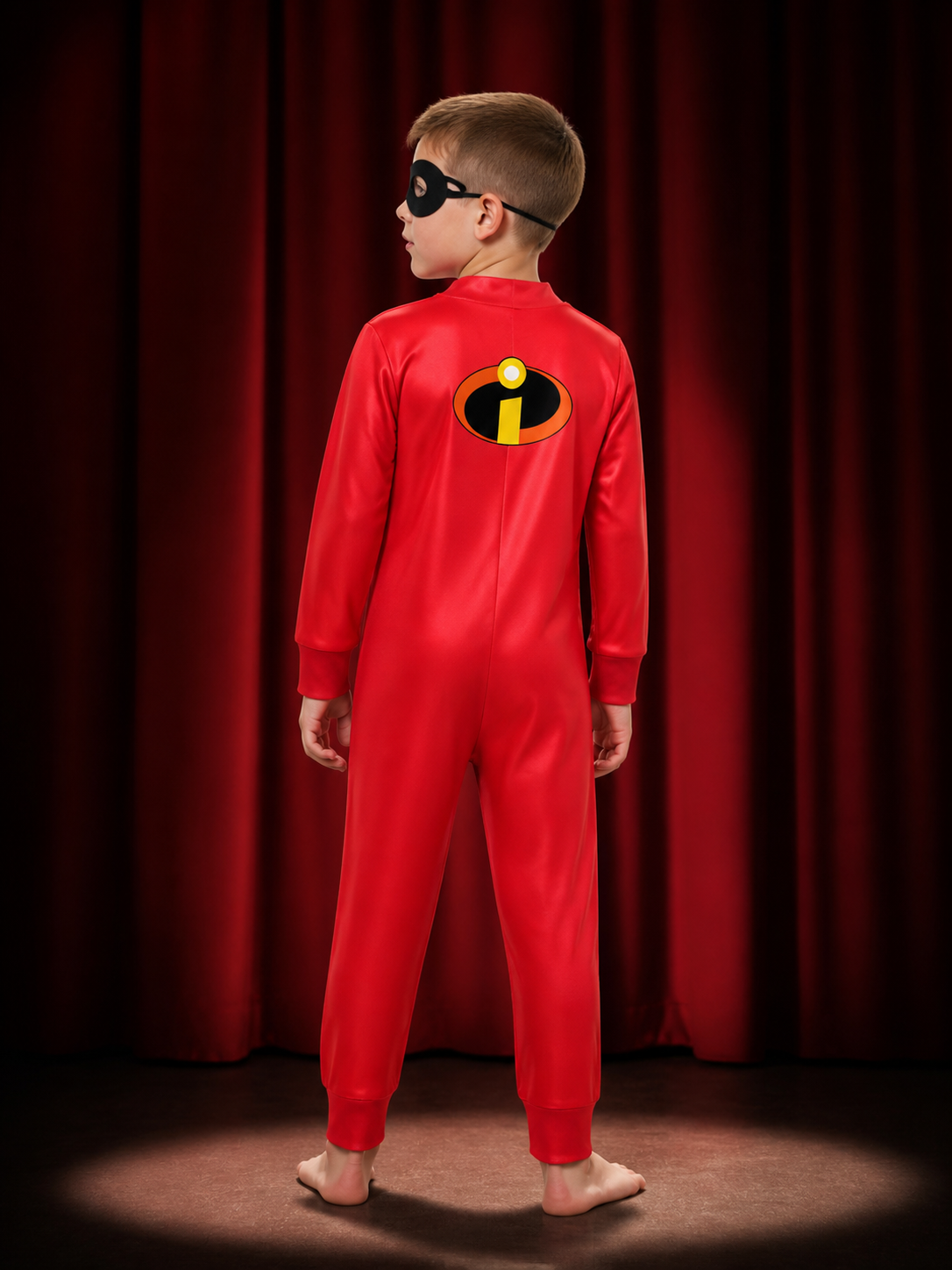 Kids Superhero Costume Set, Red Yellow Black Character Bodysuit with Eye Mask back view