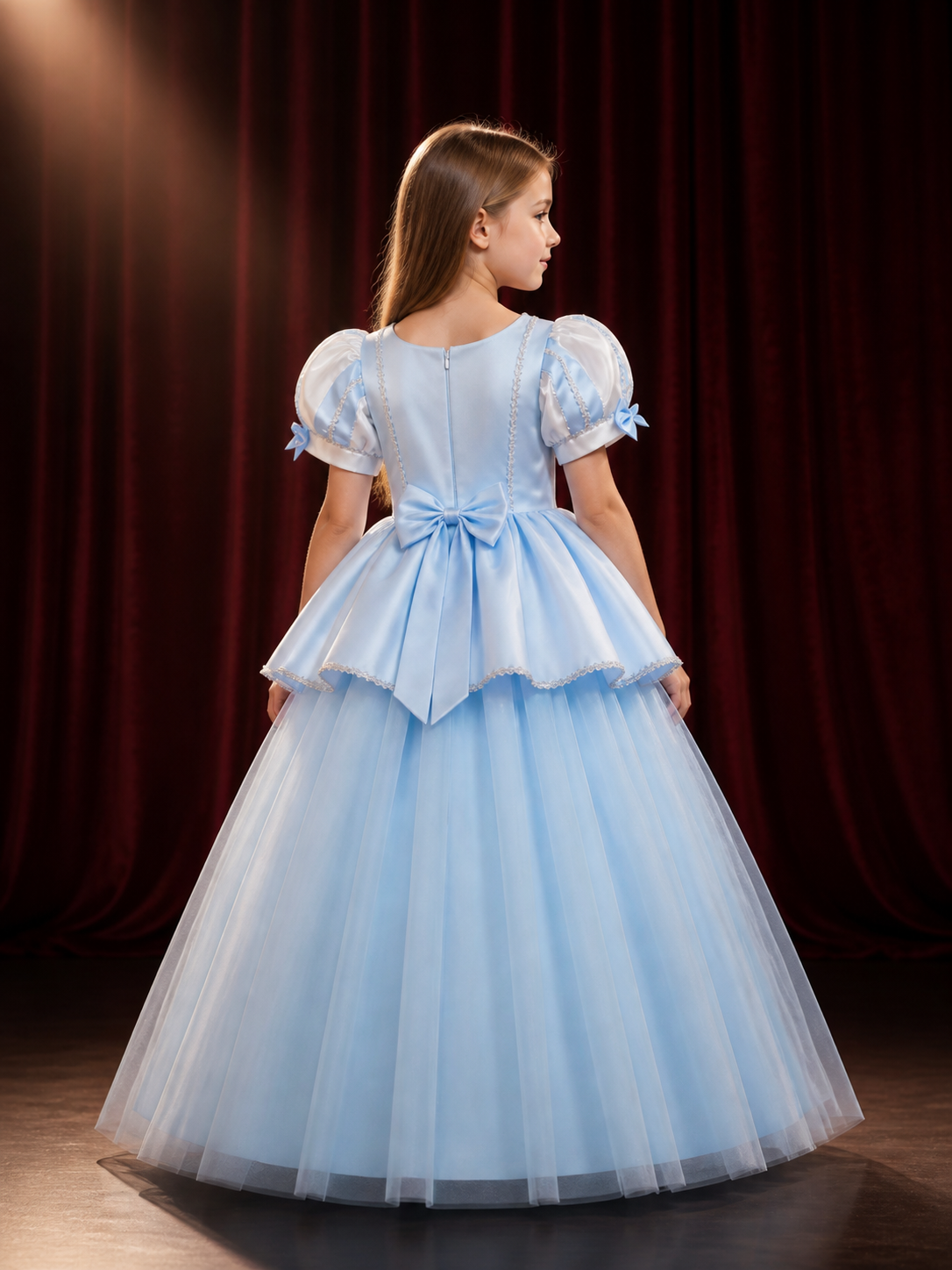 Girls' Cinderella Princess Dress, Sky Blue Sequined Tulle Long Dress, Sizes back view