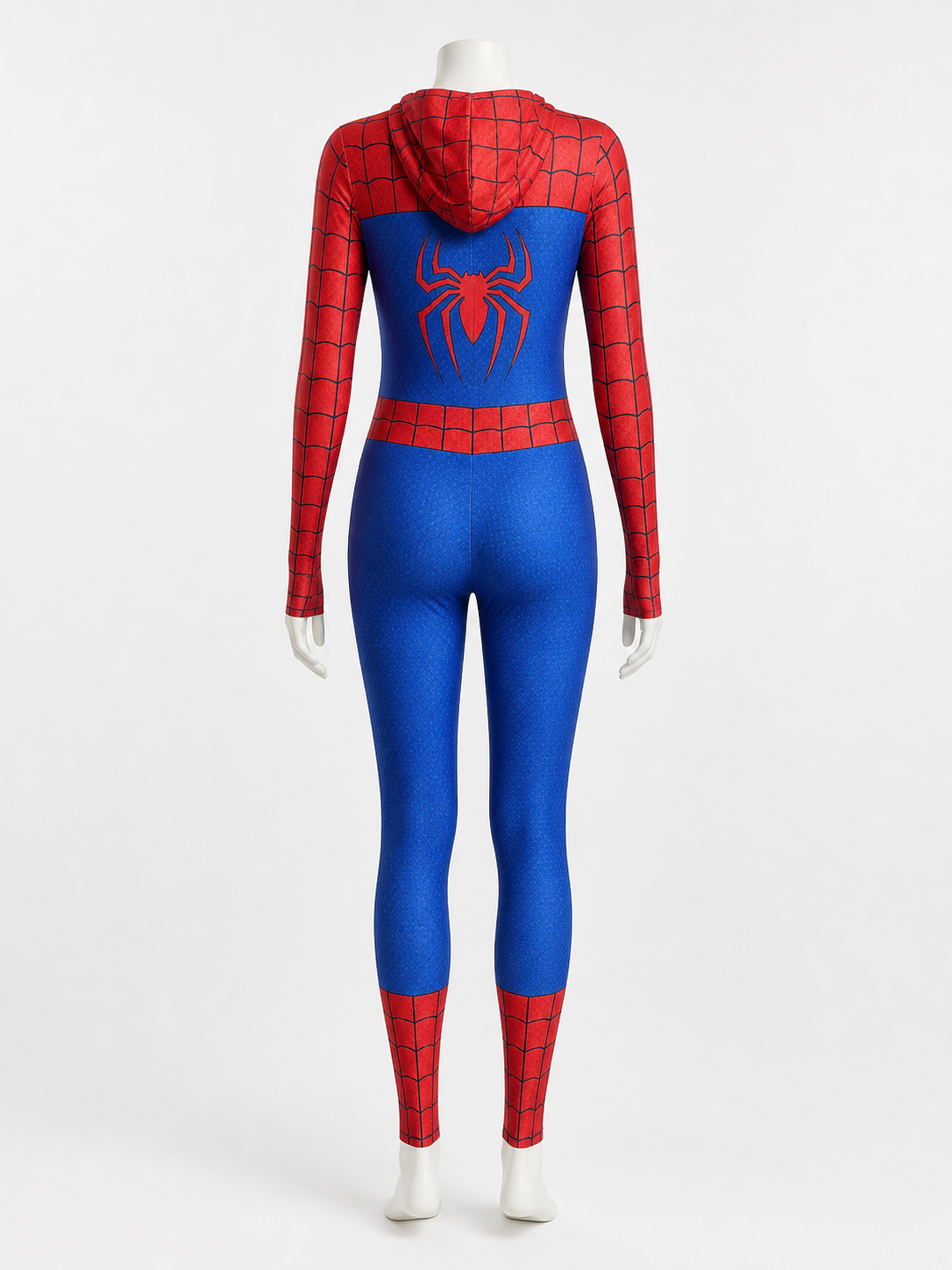 Kids Spider-Themed Full-Body Jumpsuit Costume With Attached Hooded Mask back view