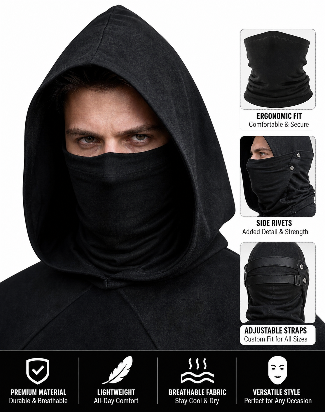 2pcs Hooded Cape and Tube Mask Set, Black Wide Shoulder Draped Style