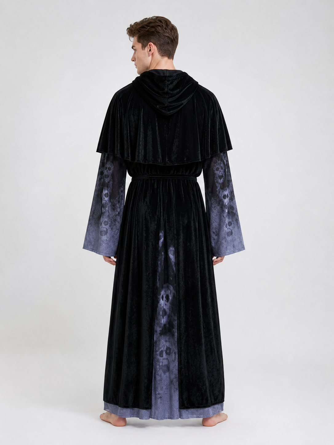 Gothic hooded robe costume with skulls back view