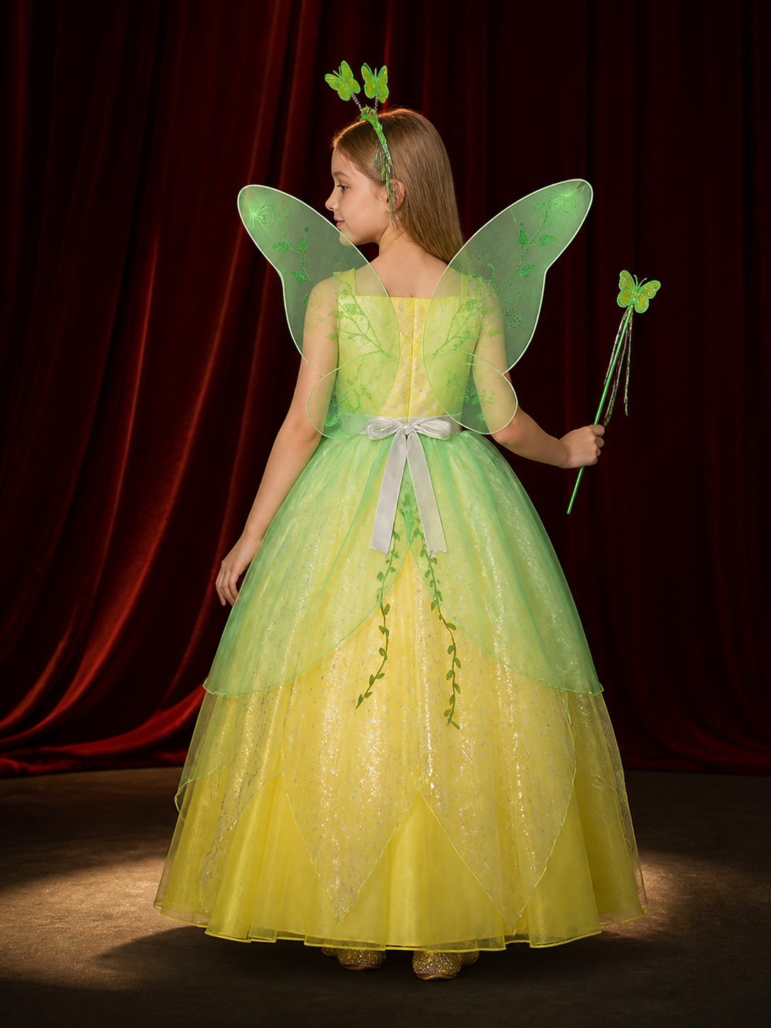 Girls' Fairy Princess Costume Dress with Butterfly Wings and Green Vine Pattern