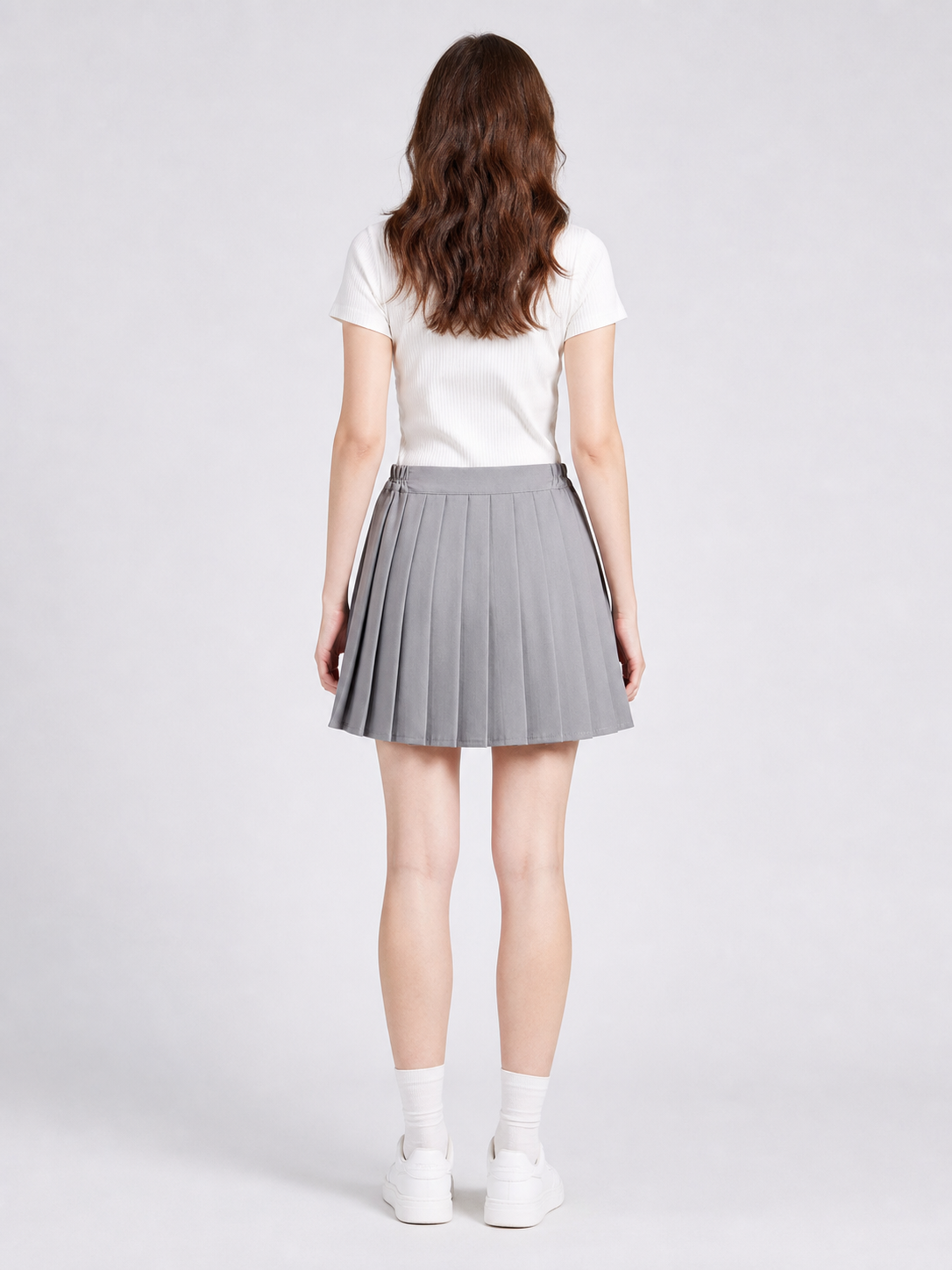 Gray Pleated Short Skirt with Elastic Waistband back view