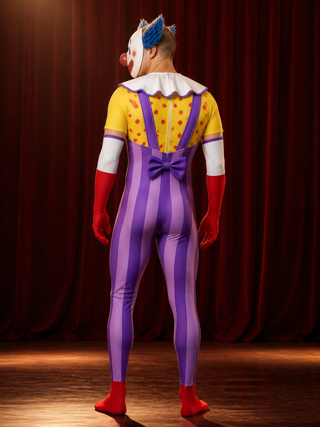 Clown Jumpsuit Costume With Purple Striped Overalls & White Ruffled Collar back view