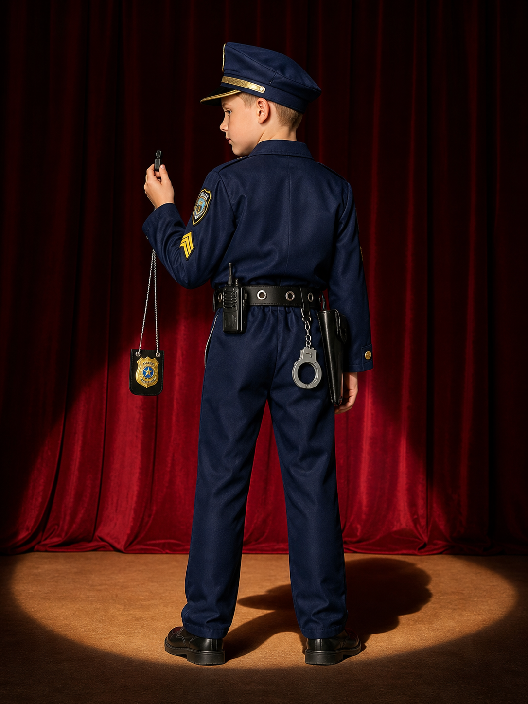 Kids Police Costume Set, Deluxe Role Play Outfit with Hat, Belt, Badge back view