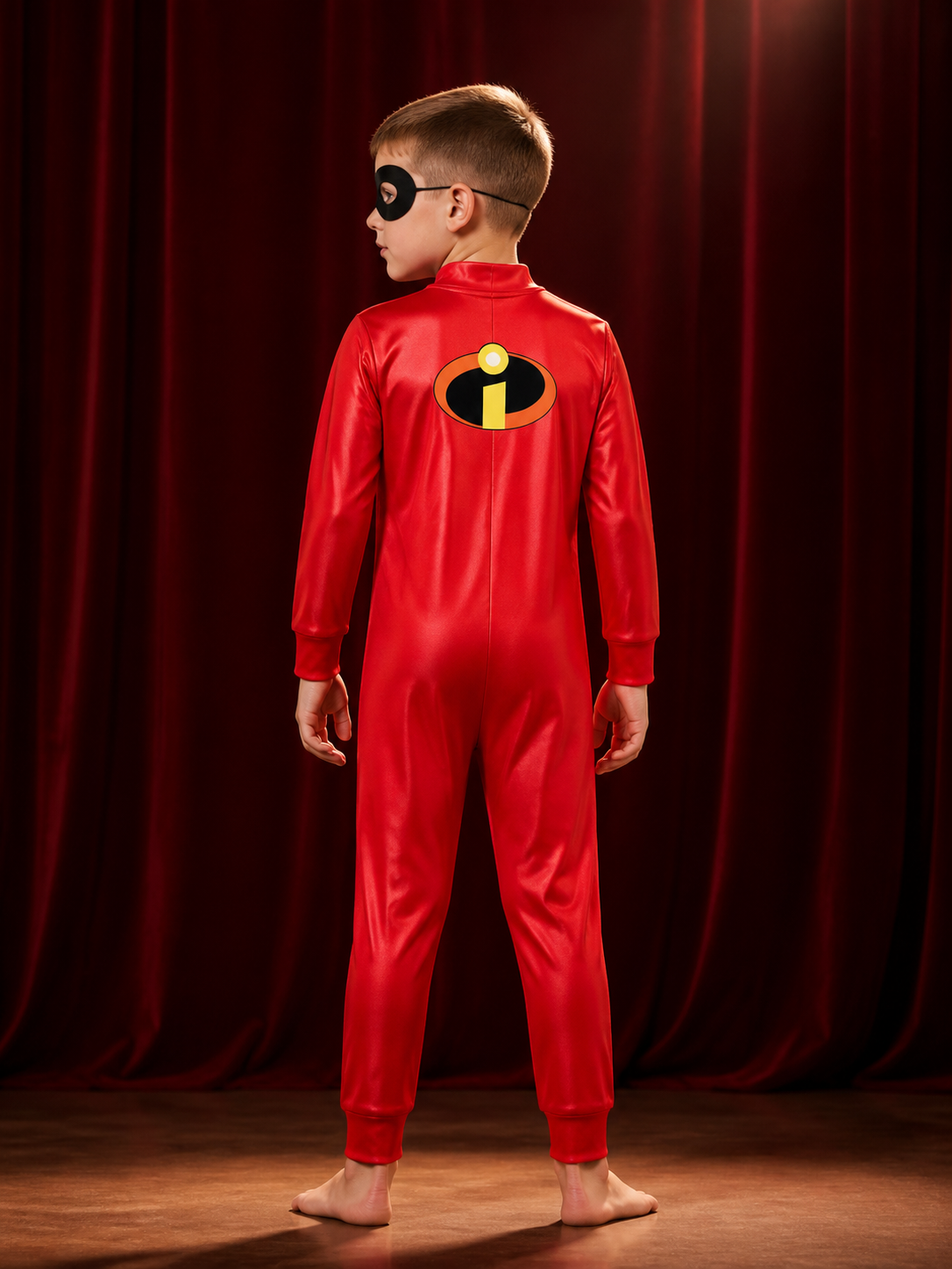 Kids Superhero Bodysuit Costume with Eye Mask, Red Long Sleeve Jumpsuit for back view