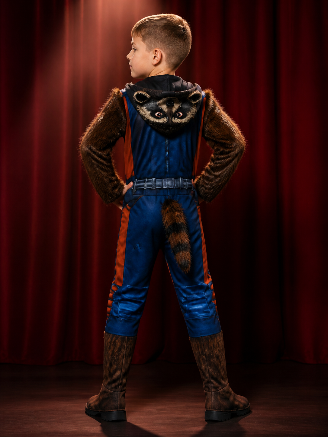 Kids Rocket Raccoon Superhero Muscle Costume Jumpsuit, Plush Hooded Bodysuit back view