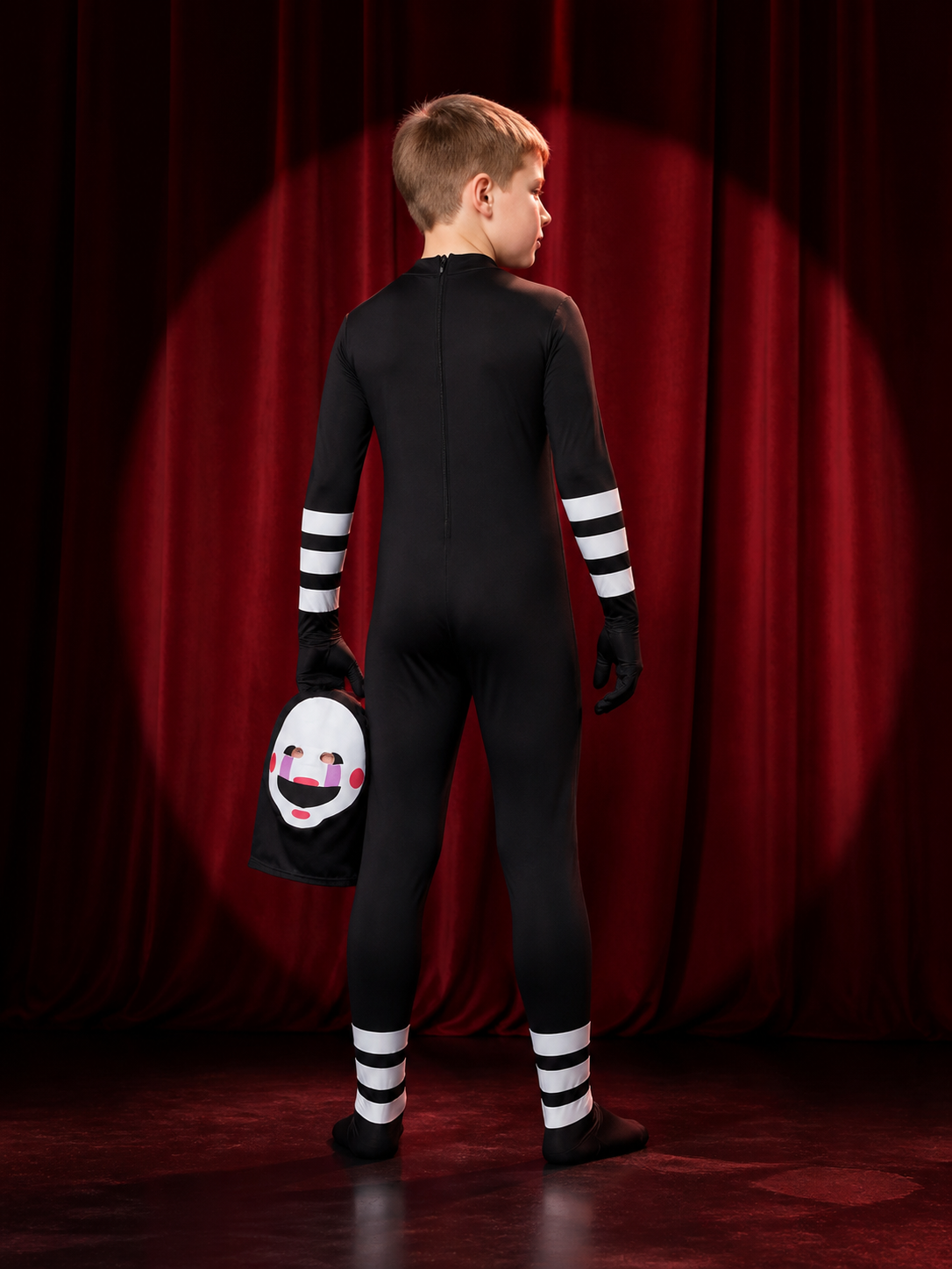 Unisex Masked Character Jumpsuit Costume with Hood and Smiley Face Print back view