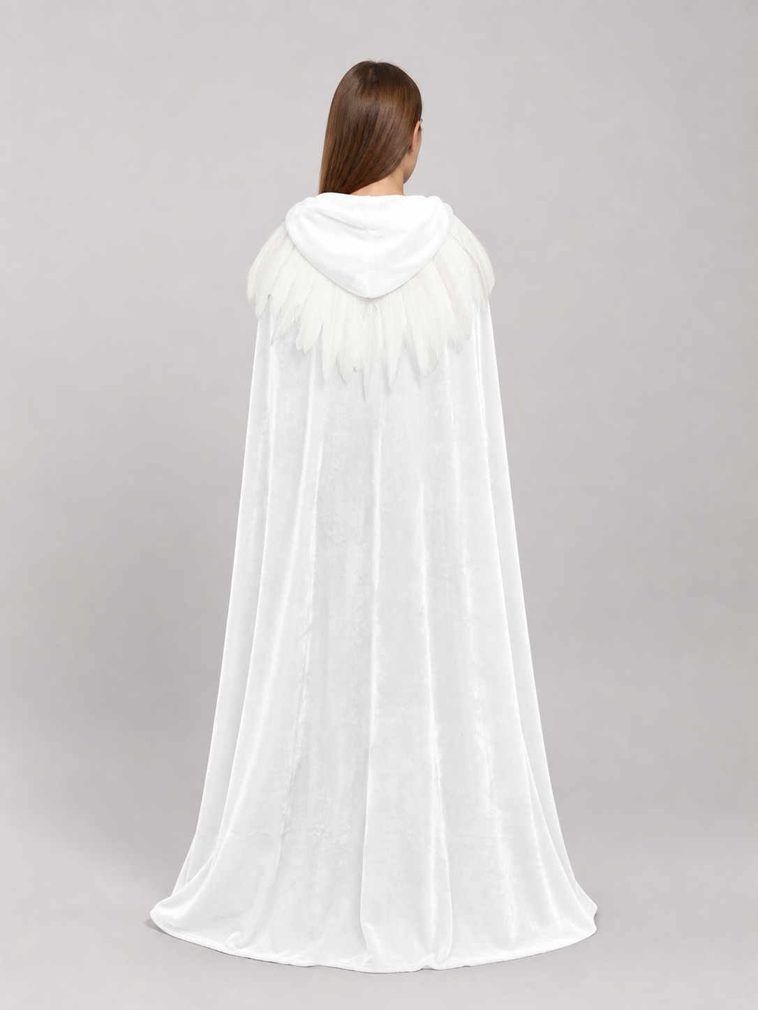 Velvet Hooded Feather Cape with Ties