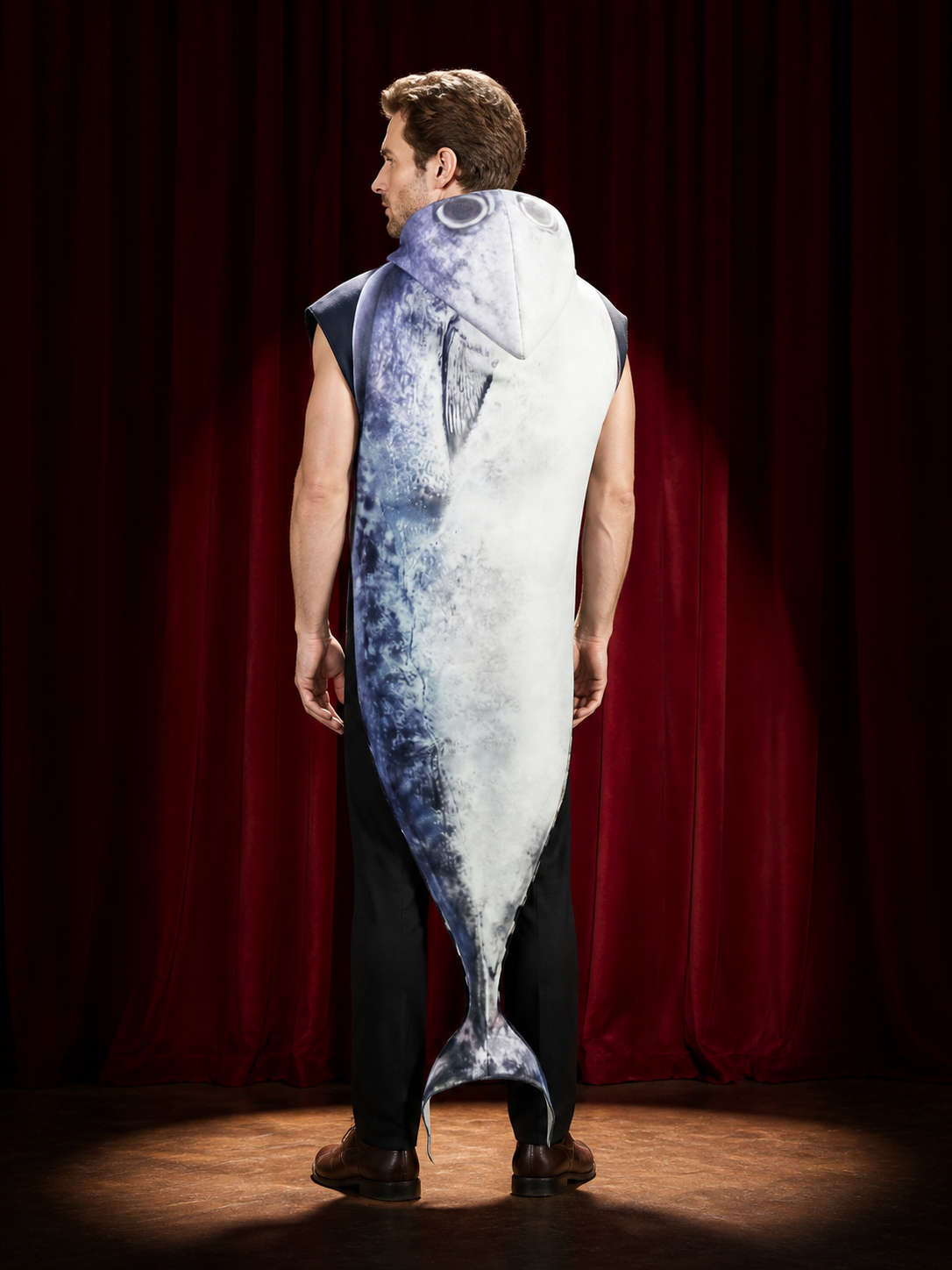 Adult Shark Hooded Jumpsuit Costume, Sleeveless Halloween Party Outfit back view