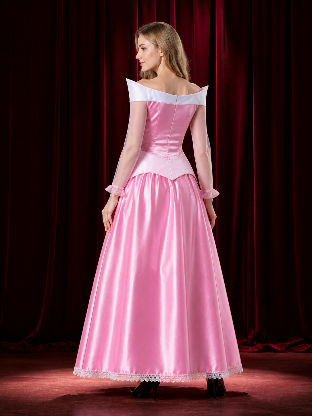 Women's Sleeping Beauty Princess Pink Off-Shoulder Long Sleeve Costume Dress back view