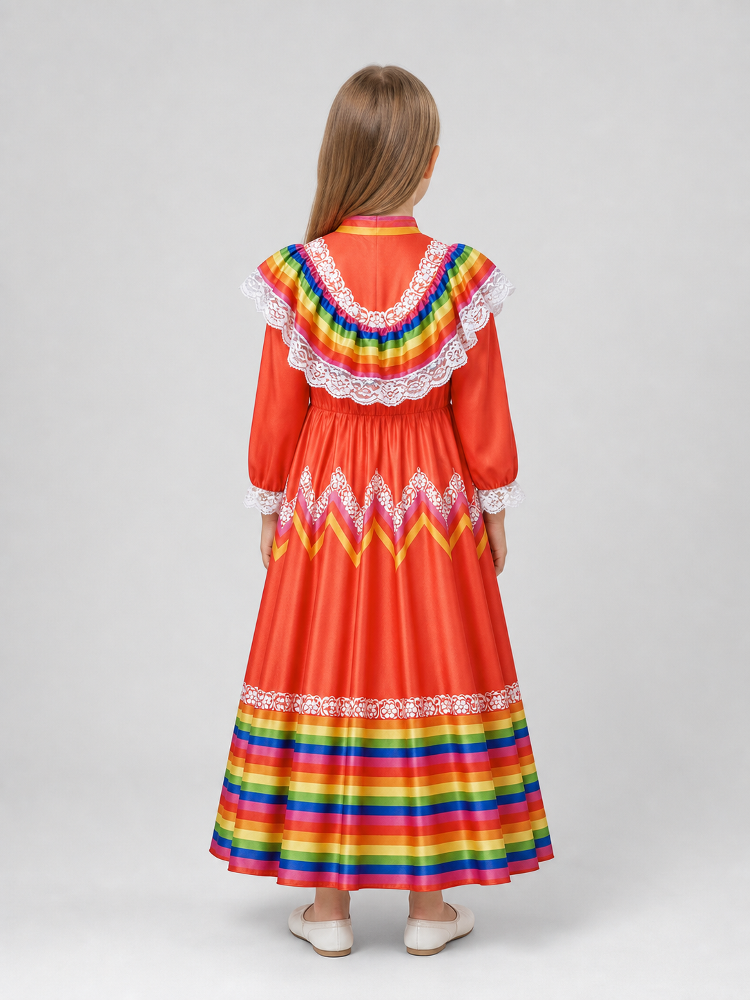 Folk Dress with Ruffles and Rainbow Inserts back view 2