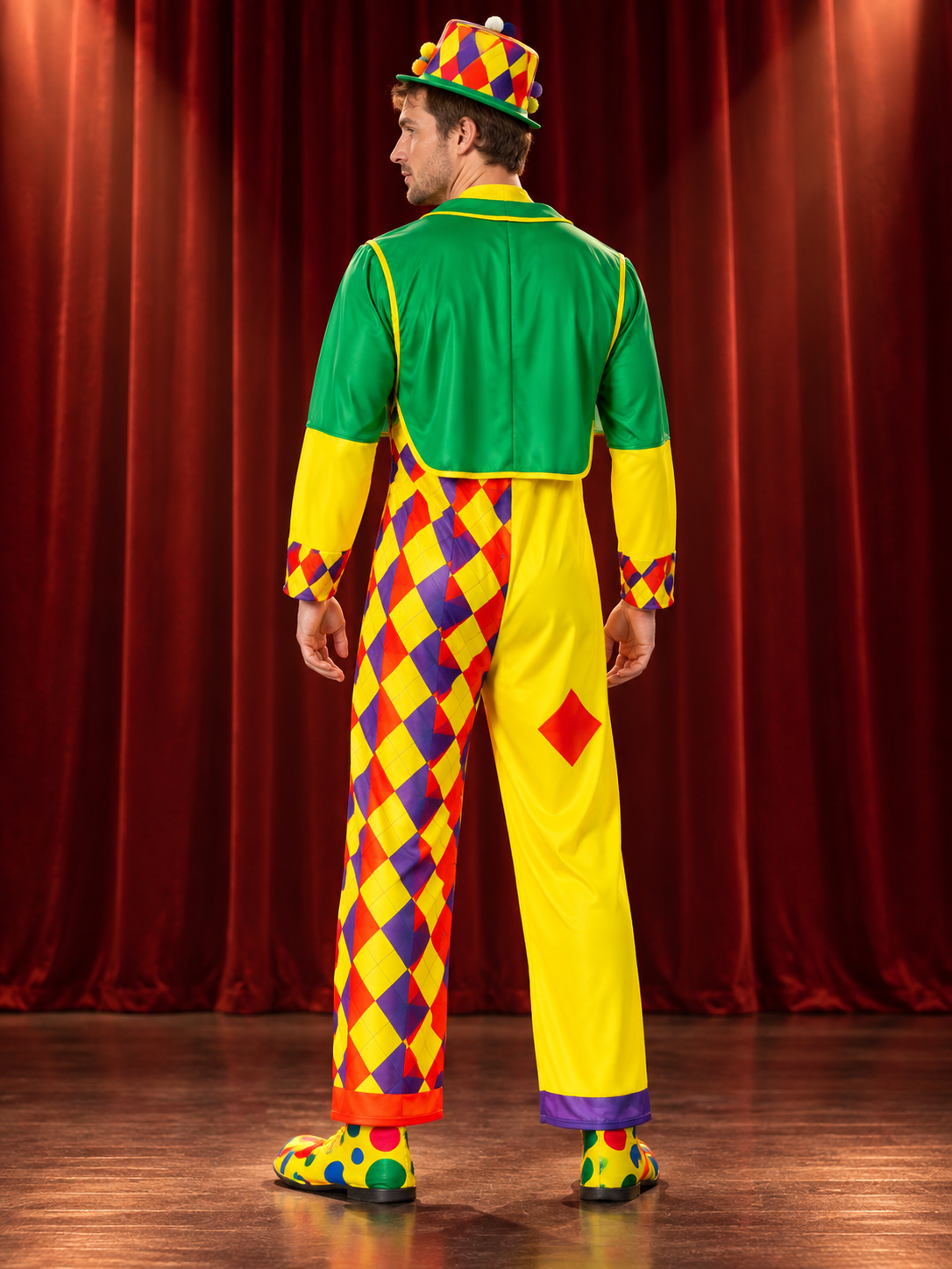 Colorful clown costume with jumpsuit, jacket and hat