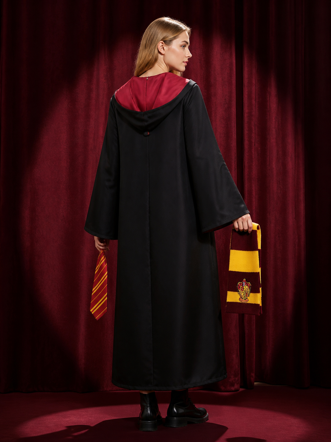 Red and Gold Hooded Wizard Robe Costume Set with Tie and Scarf for Halloween back view