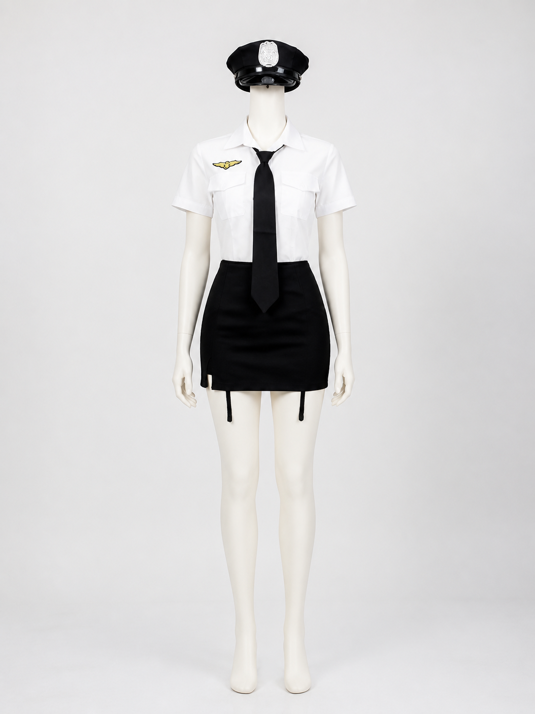 Women's Police Officer Costume Set With White Shirt, Black Skirt, Hat, Gloves back view