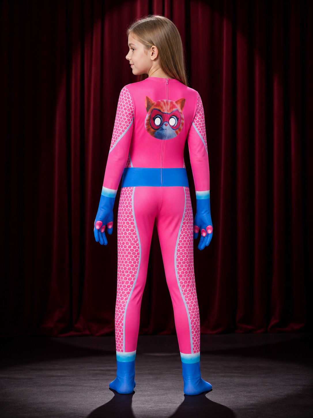 Kids Cat Costume Bodysuit with Face Mask, Heart Badge, and Blue Belt – Halloween back view