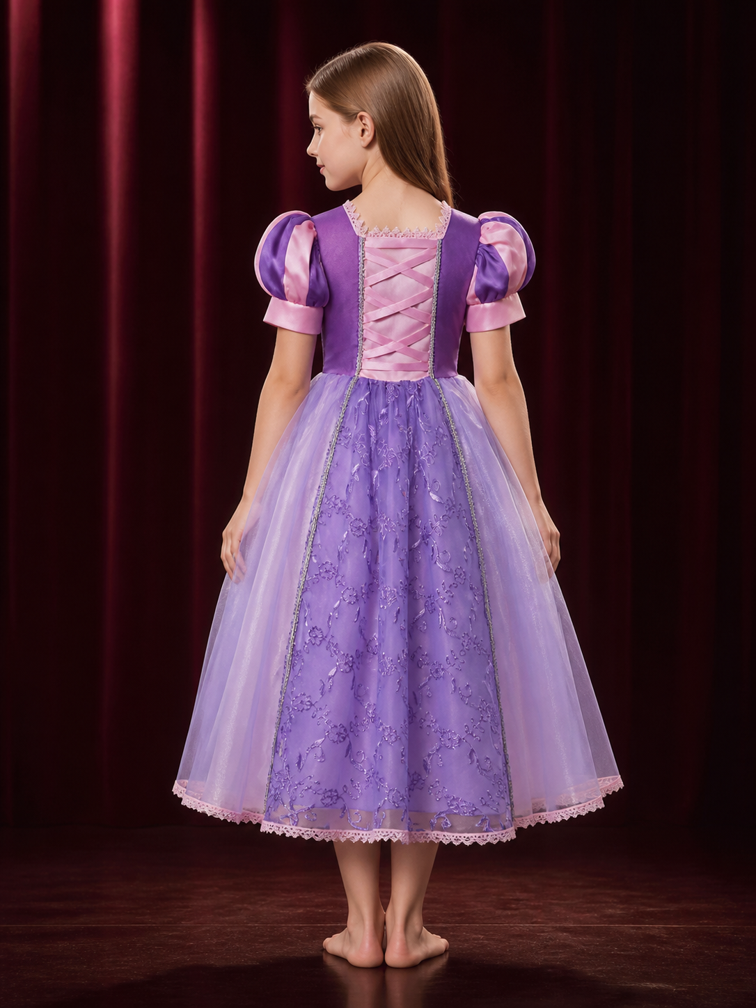 Girls' Princess Dress Costume, Embroidered Lace Organza Gown with Puff Sleeves back view