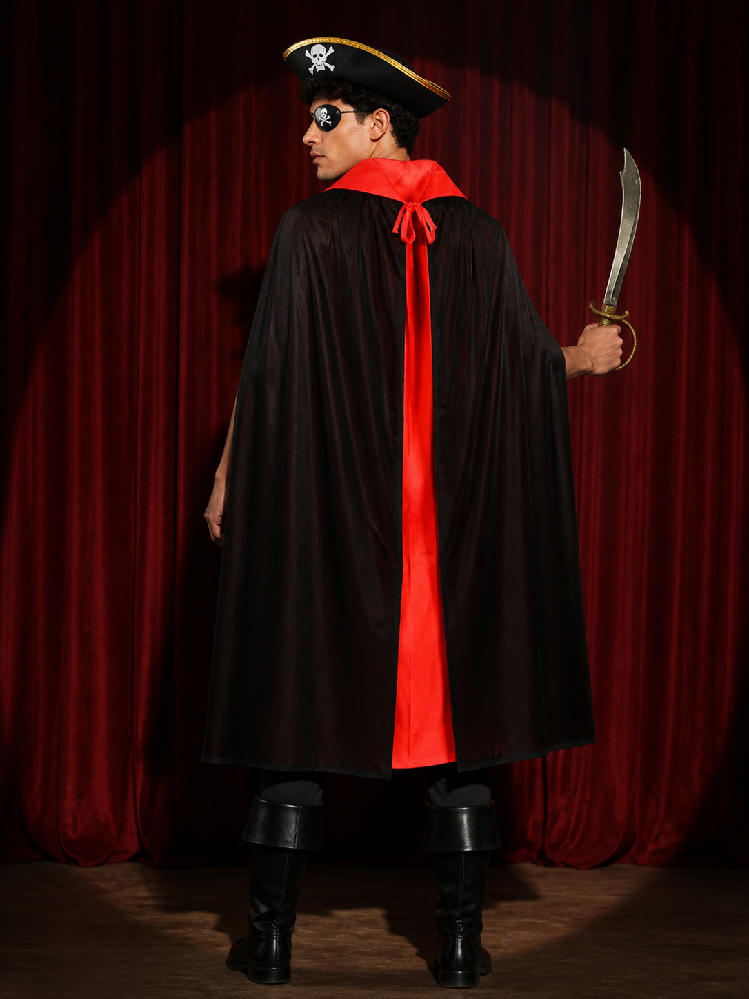 Adult & Kids Pirate Costume Set, Double-Sided Black/Red Cape, Skull & Crossbones back view