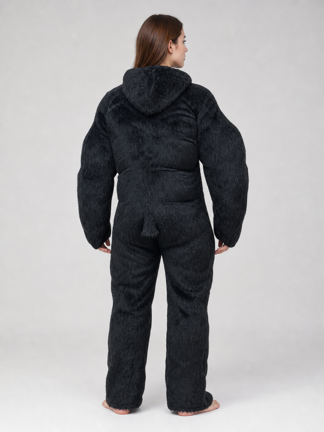 Inflatable gorilla costume with a red bow tie back view