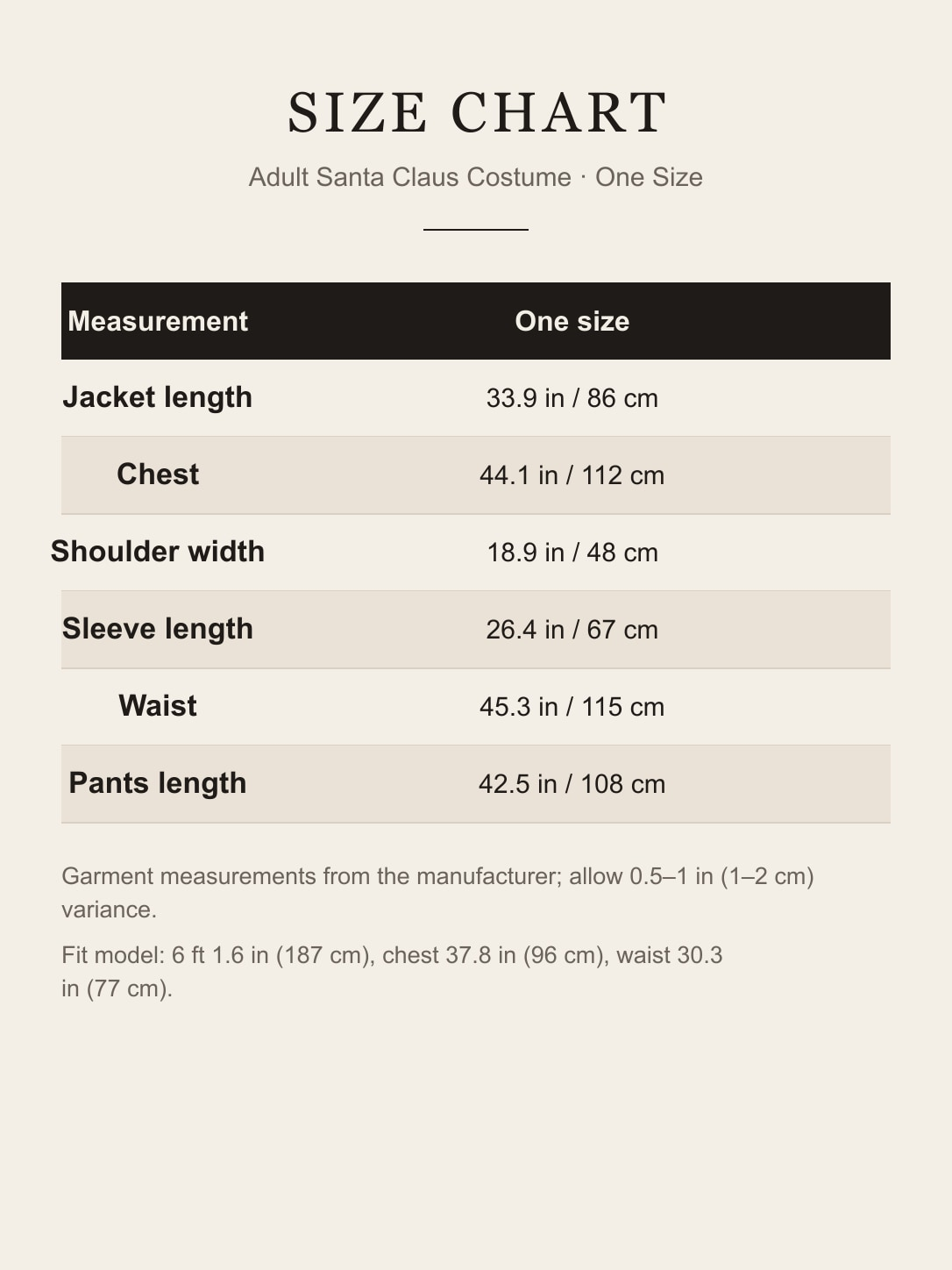 Size chart for the adult one-size Santa Claus costume: jacket length, chest, shoulder, sleeve, waist and pants length in inches and centimeters