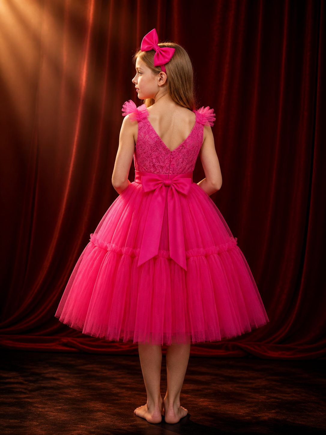 Toddler Girls' Rose Red Princess Dress Set with Lace Bodice, Tulle Skirt and Bow back view
