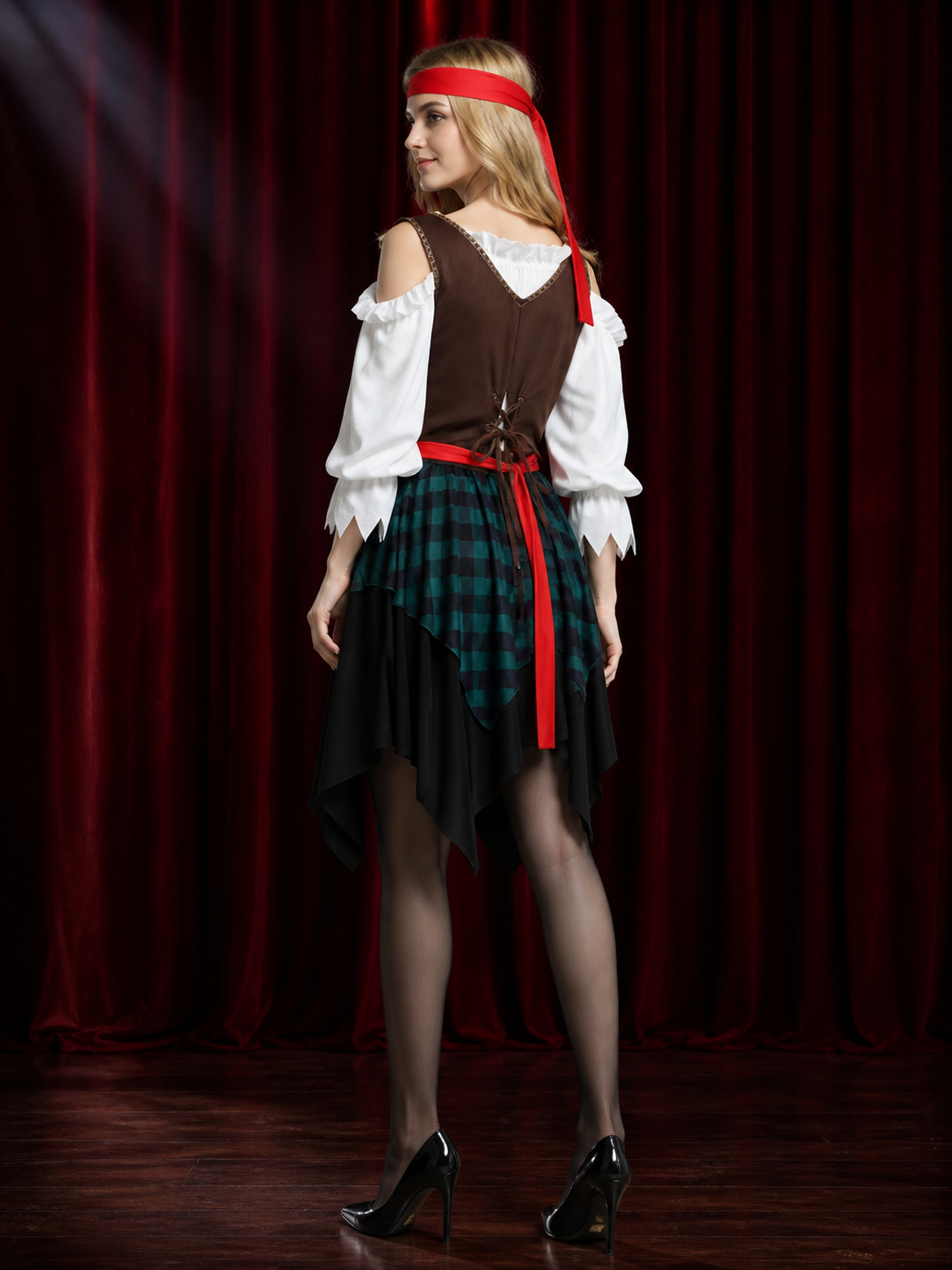 Adult Pirate Costume Set with Layered Skirt, Vest, Headband and Belt back view