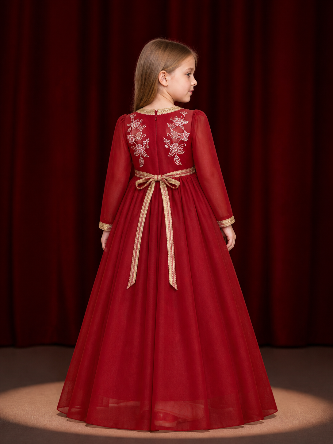 Girls' Red Princess Formal Dress with Gold Trim and Floral Embroidery, Long back view