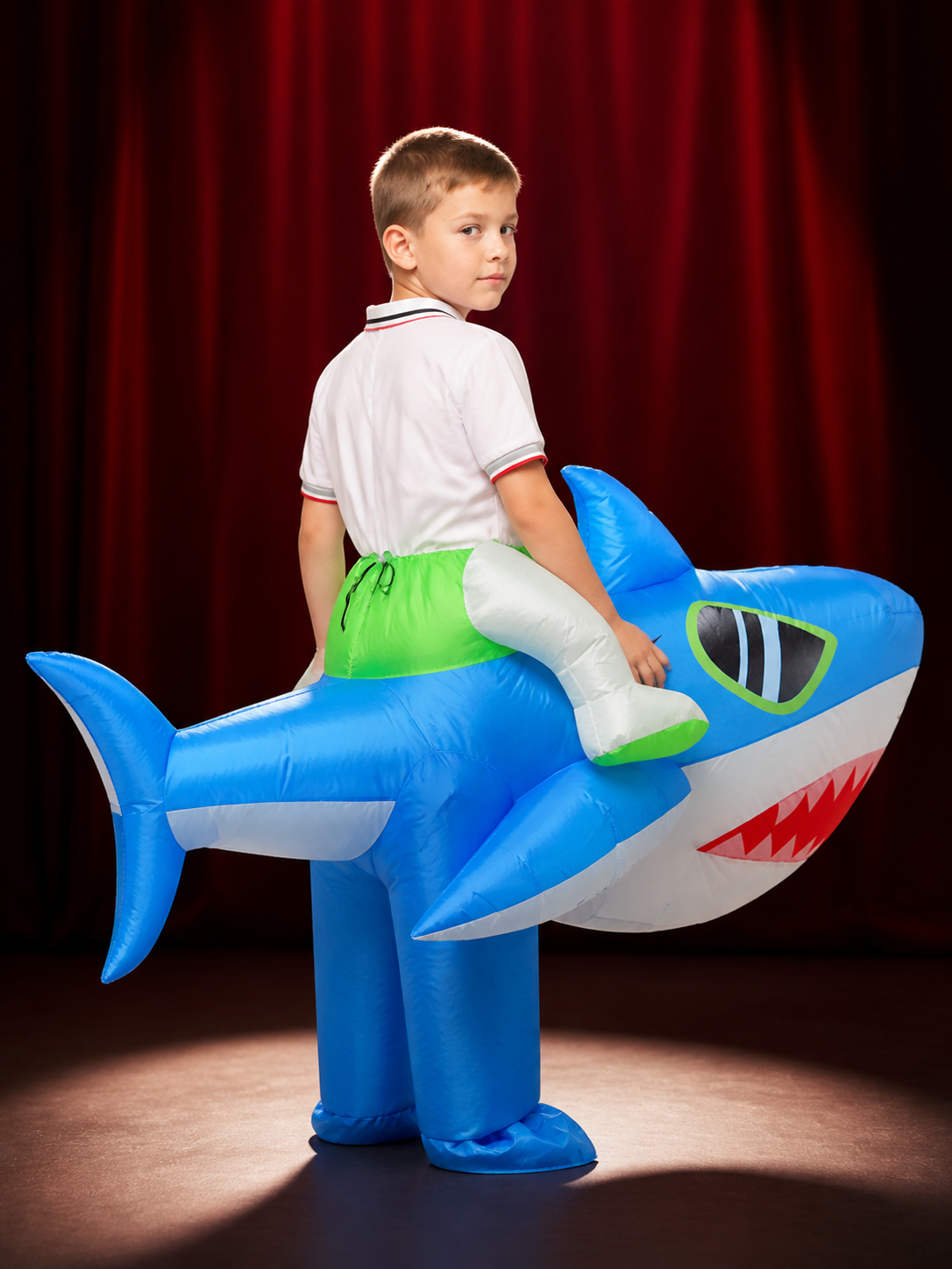 Adult Shark Inflatable Costume, Funny Blue Shark Jumpsuit with Fins and Teeth back view