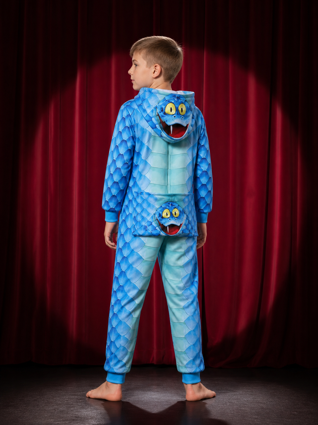 Children's Blue Snake Hooded Jumpsuit Halloween Costume back view