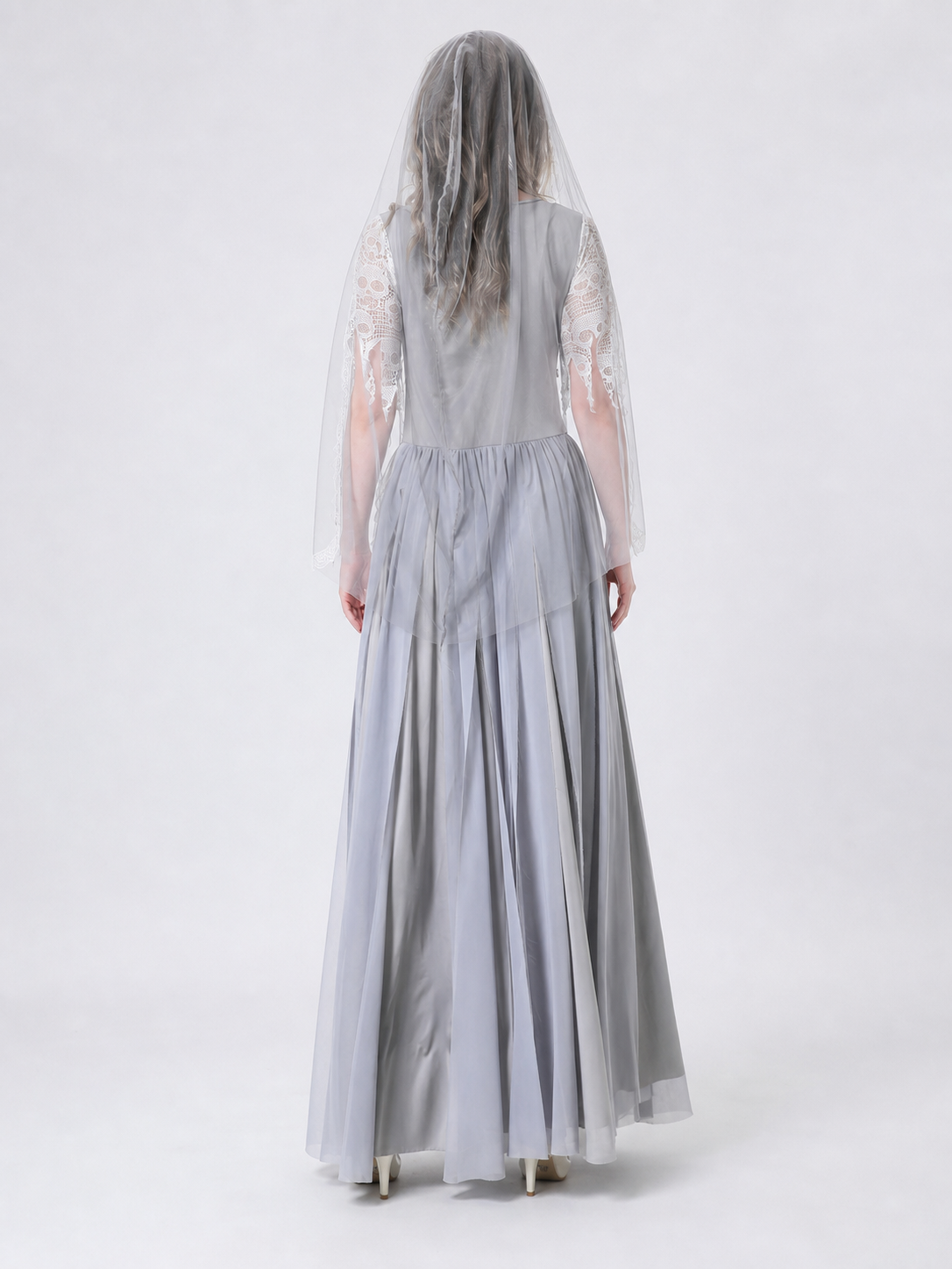 Gothic vampire costume with veil and lace dress back view