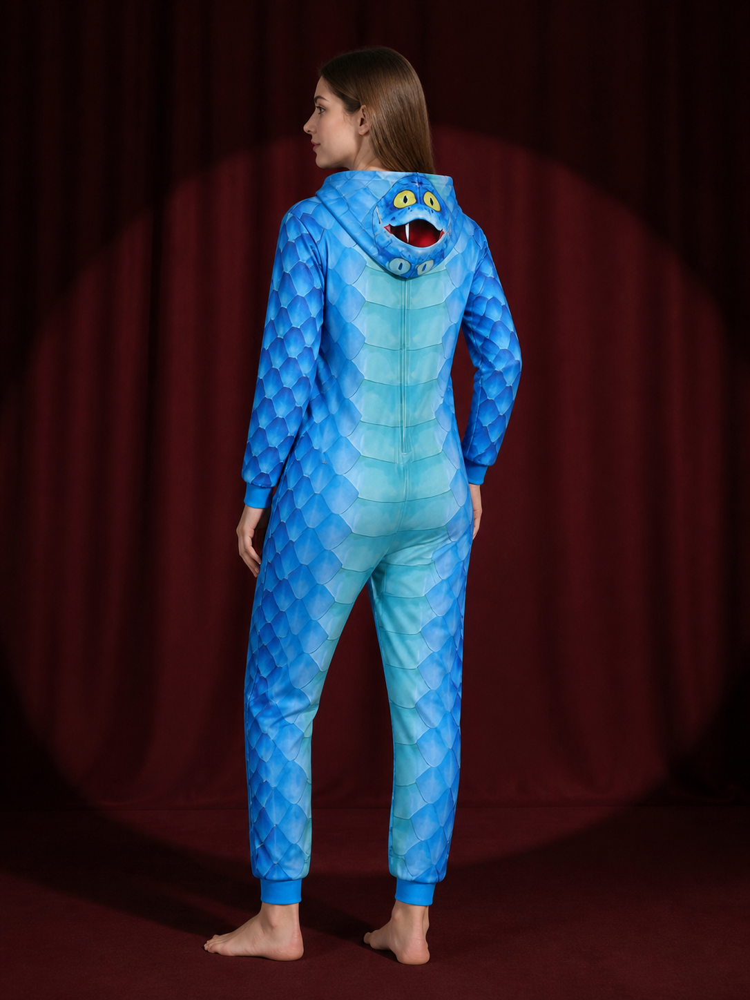 Blue Hooded Monster Animal Onesie Costume with Scale Pattern back view