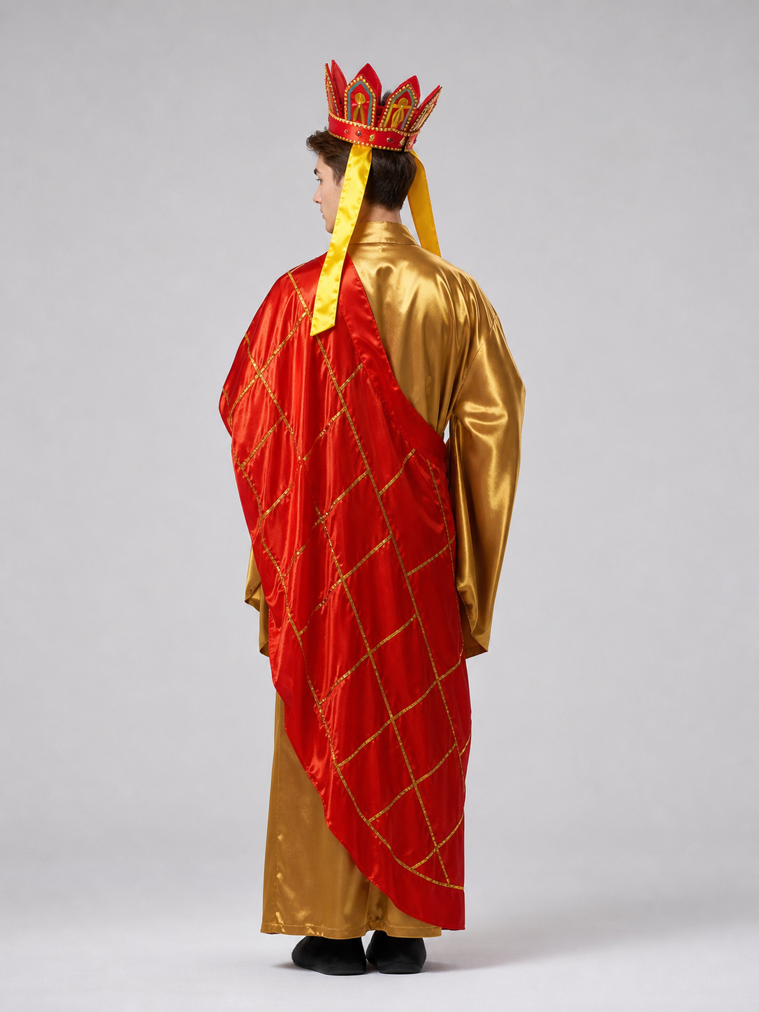 Monastic Costume with Headdress, Prayer Beads, and Staff back view