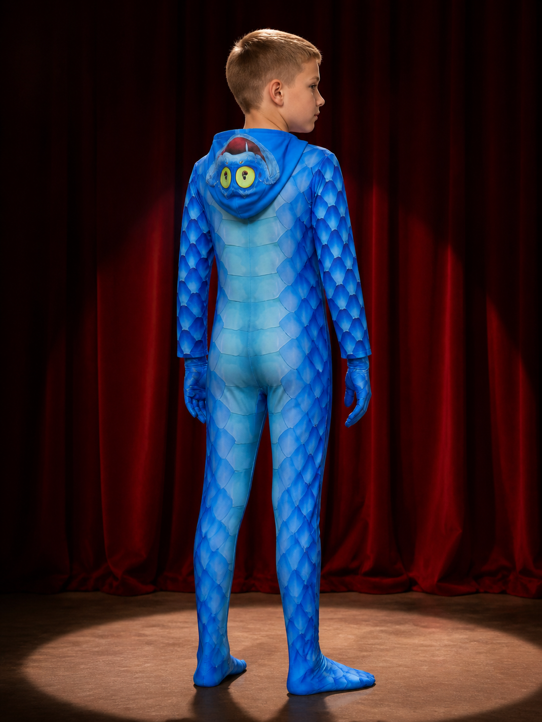 Blue Scaly Monster Hooded Bodysuit Costume with Gloves, Halloween Outfit back view