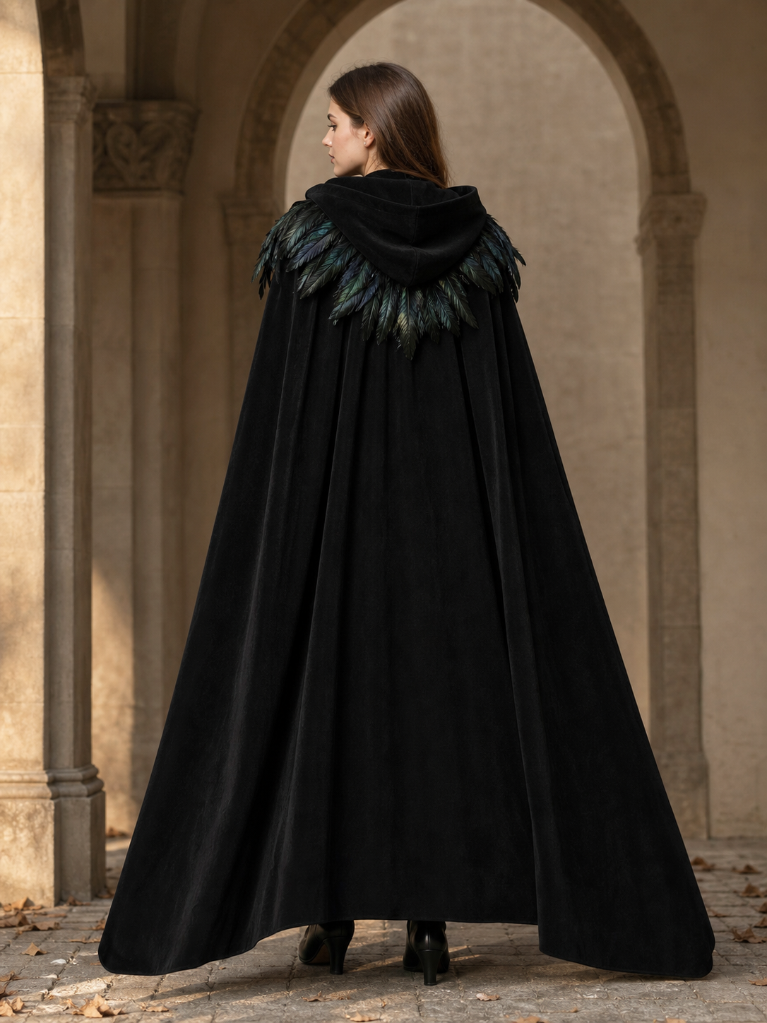 Black Velvet Hooded Cape with Feathers