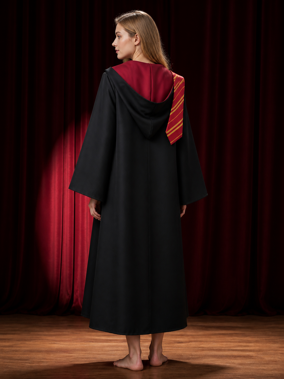 Wizard Hooded Robe Costume Set with House Badge and Striped Tie, Halloween back view