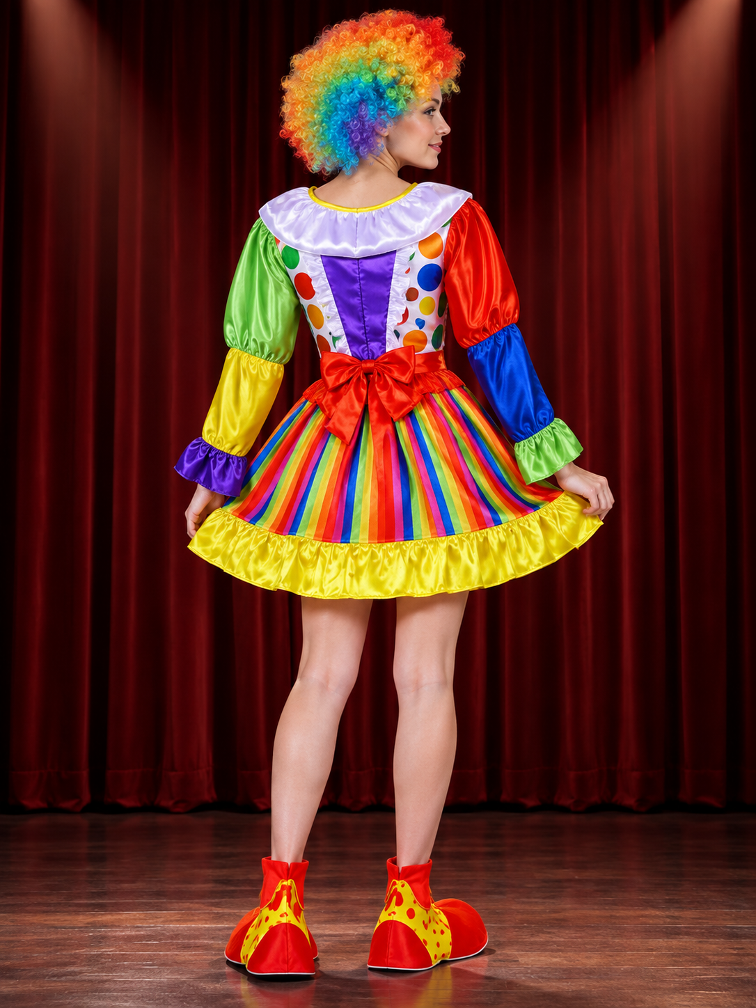 Adult Clown Costume with Multicolored Wig and Mask