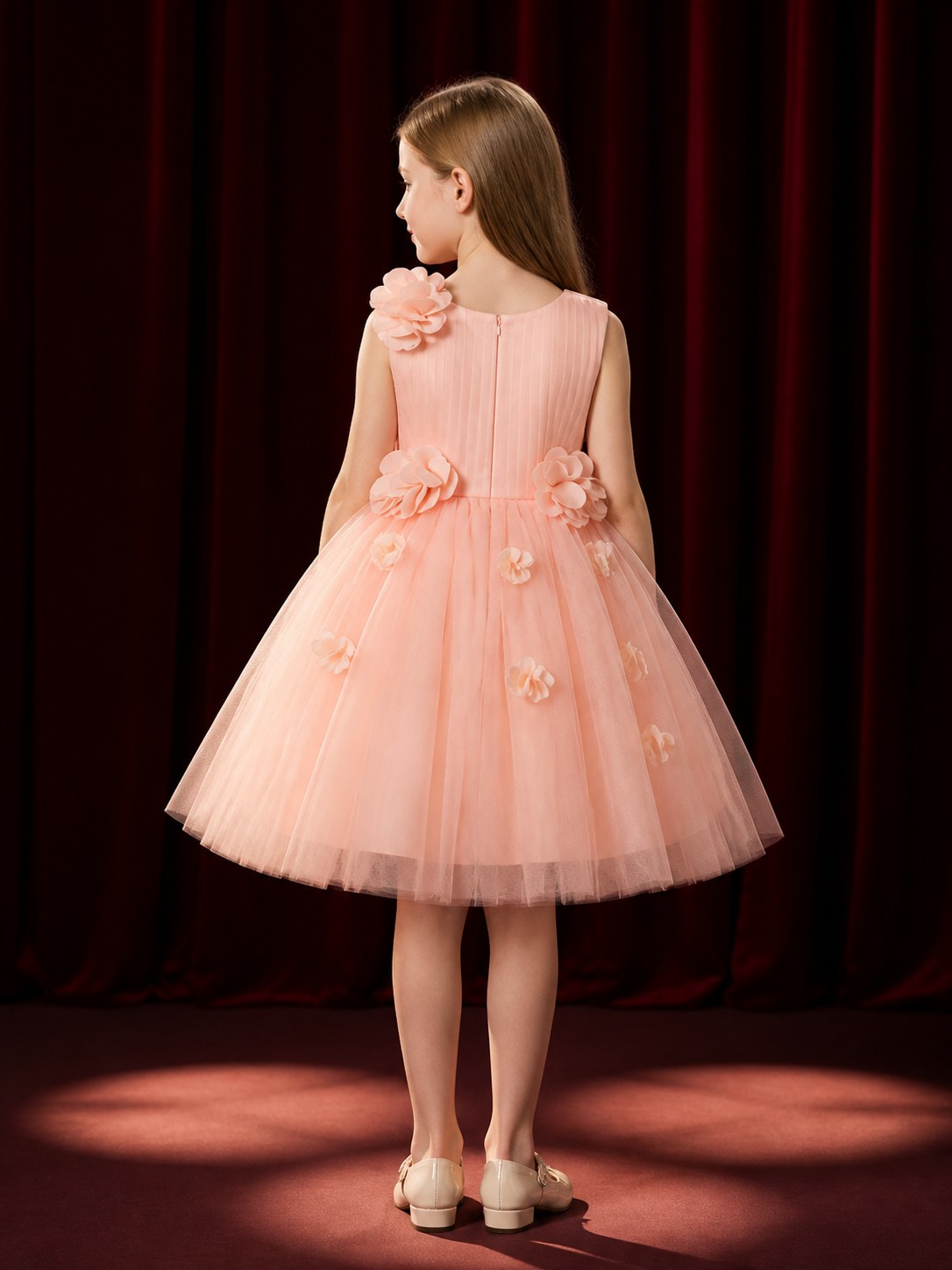 Baby Girls' Pink Princess Tulle Dress With 3D Flower Decorations back view