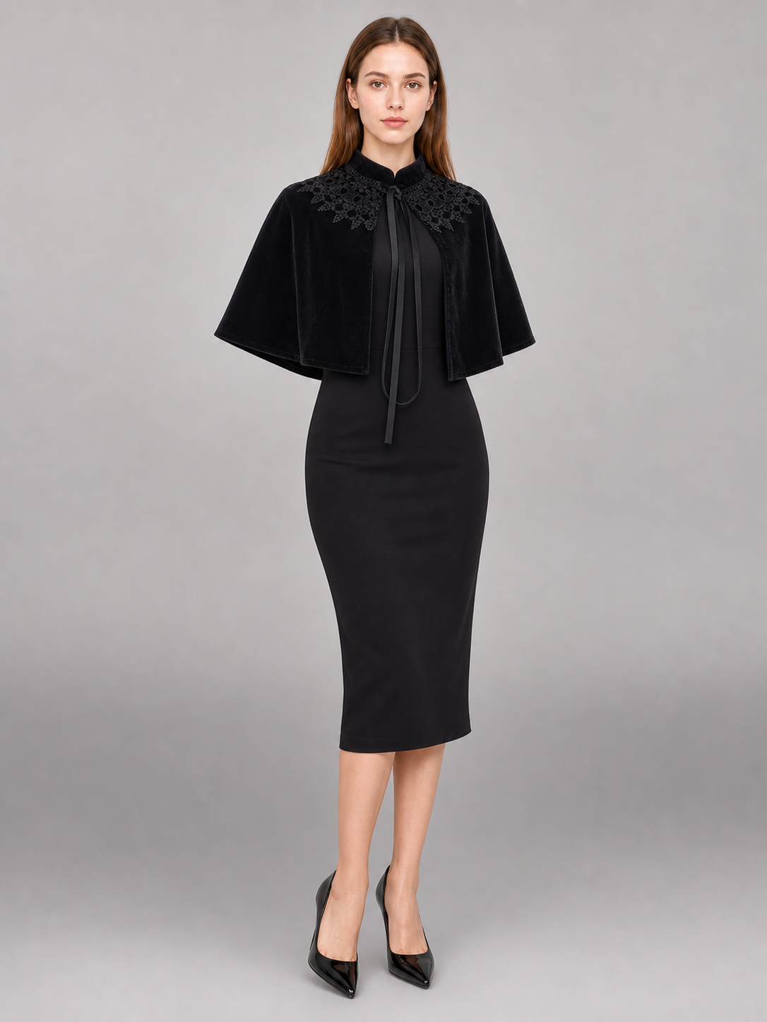 Black costume cape with collar and ties included items