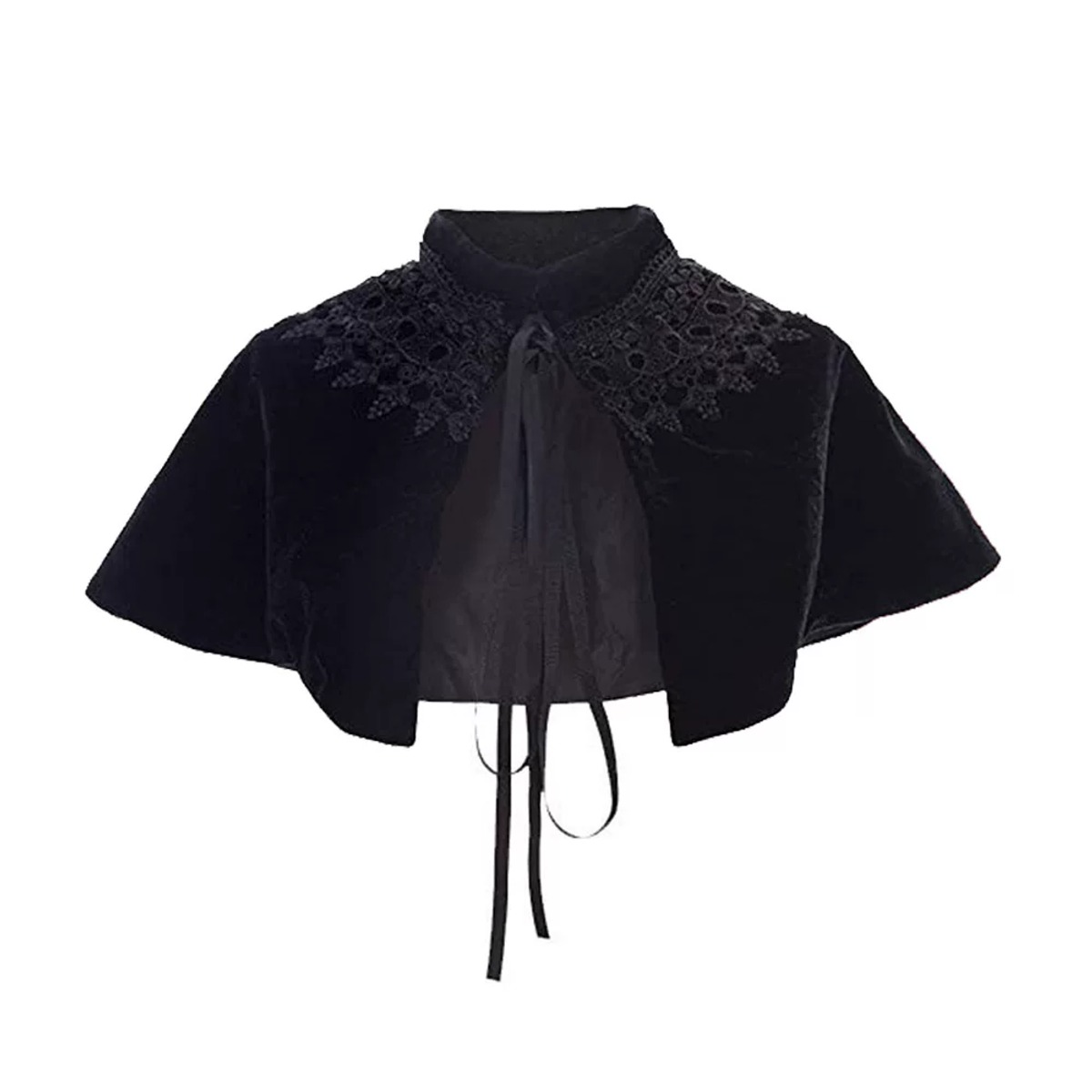 What's included: one black velvet capelet with lace collar and ribbon ties, laid flat