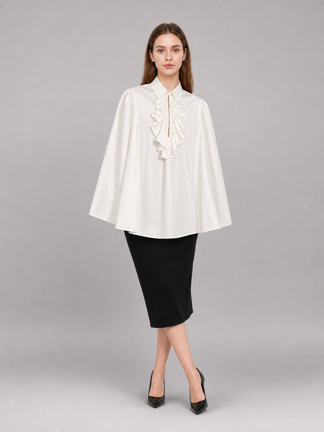 White blouse with a high collar and ruffles included items