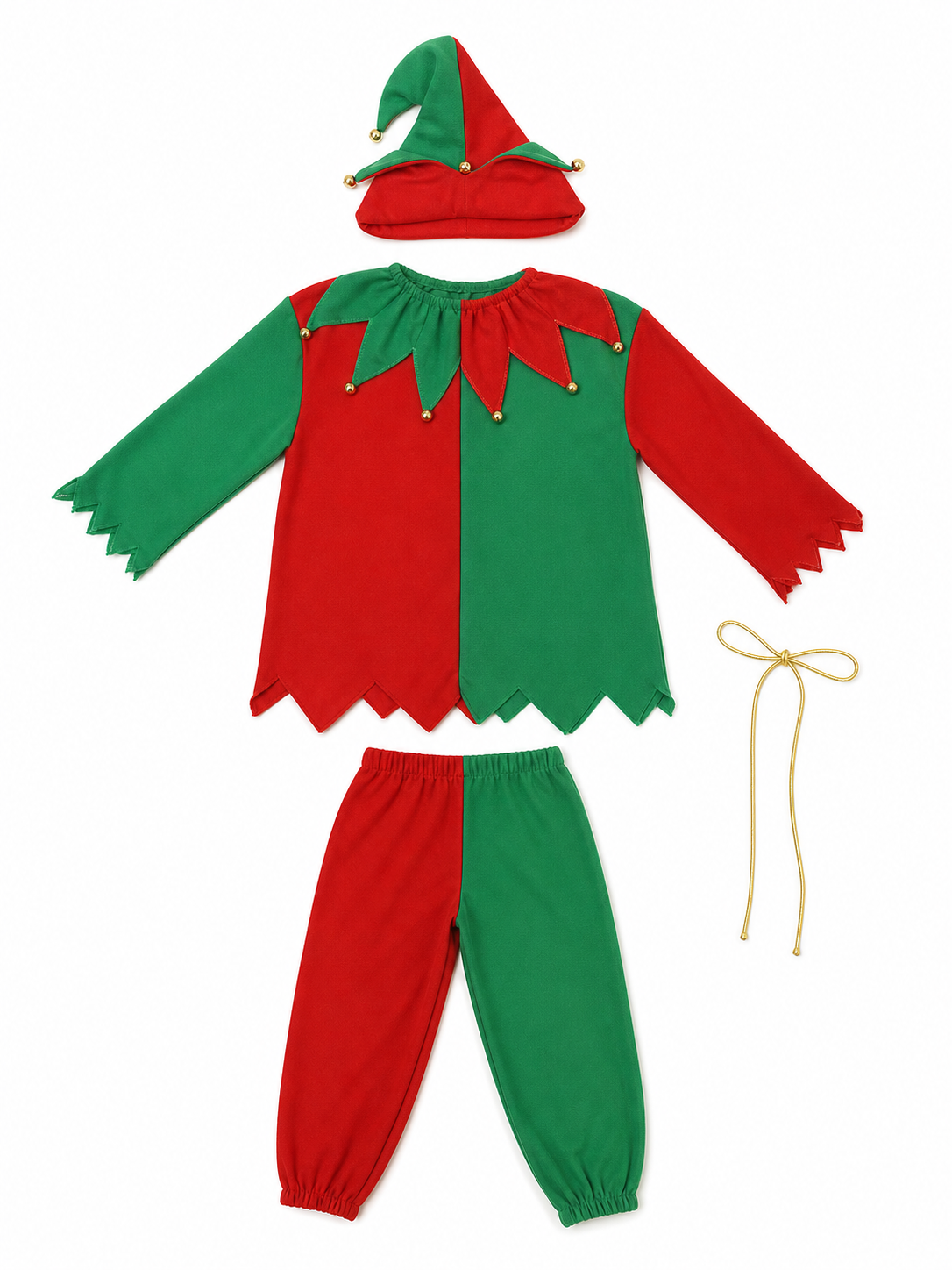 Children’s Christmas elf costume in festive red and green with gold and yellow