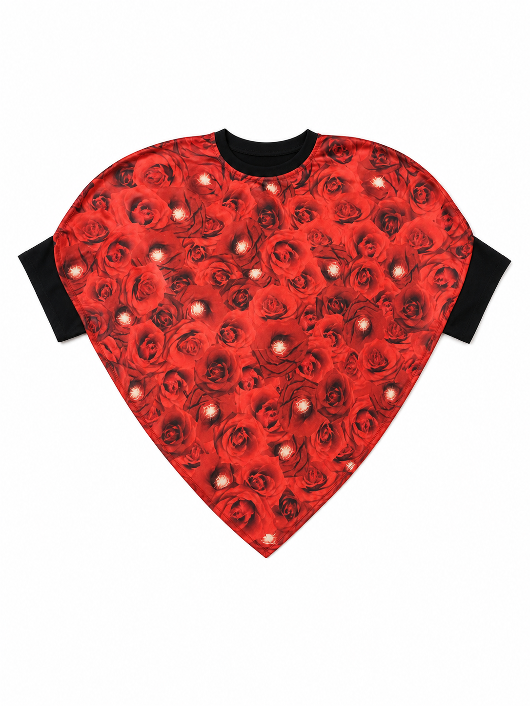 Bright heart-shaped costume with a floral print. A voluminous silhouette with a pointed lower edge and wide short sleeves that extend from the sides of the garment. The surface is decorated with an allover floral pattern reminiscent of rose