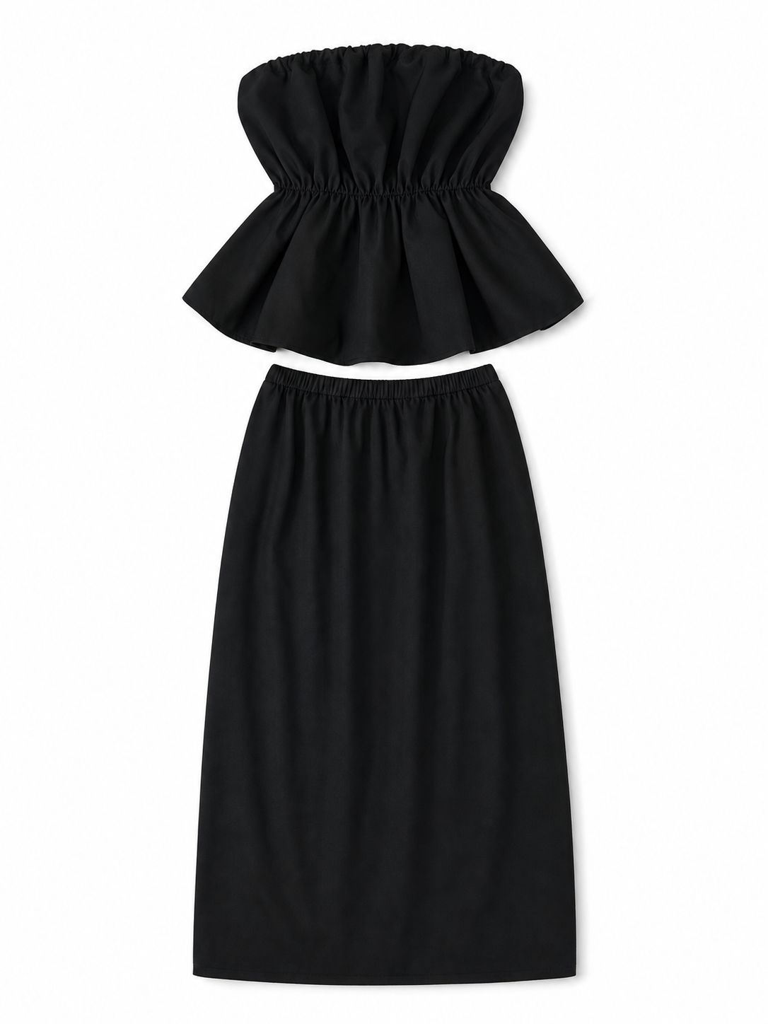 Black bandeau dress with a ruched bodice