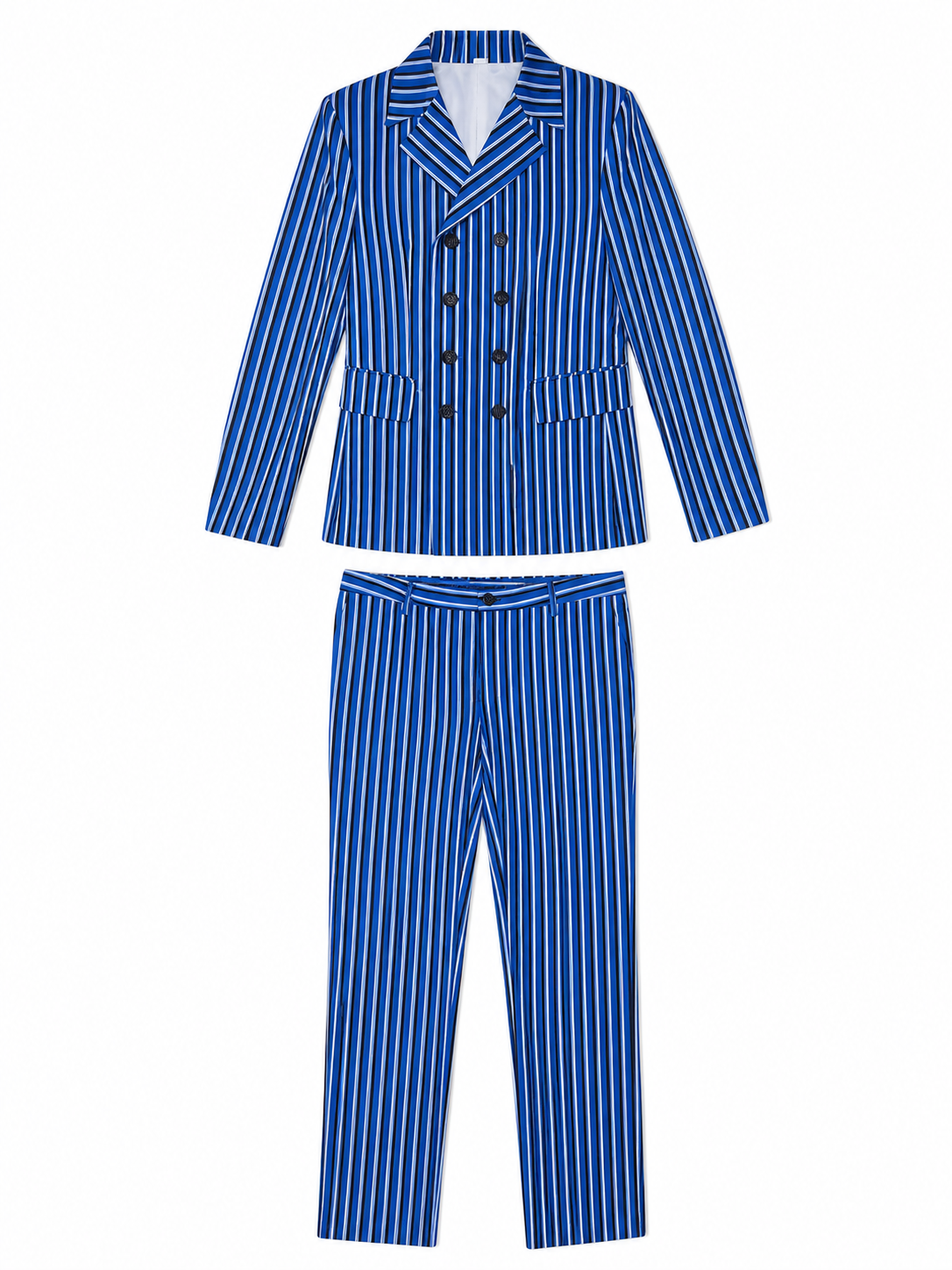 The Doctor Who cosplay double-breasted suit is designed in a white-and-blue color scheme with vertical stripes. The set includes a jacket and pants made in the same design. The jacket features a double-breasted closure, peaked lapels, and f