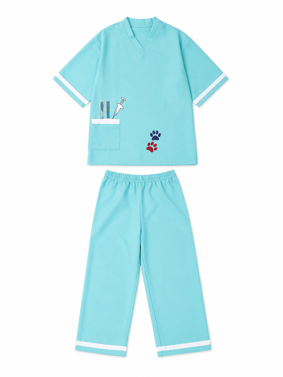 Veterinarian Medical Uniform Role-Play Costume: The set includes a short-sleeve V-neck top with a patch chest pocket and loose-fitting pants with white trim stripes along the bottom edge. The costume is light turquoise with white accents an
