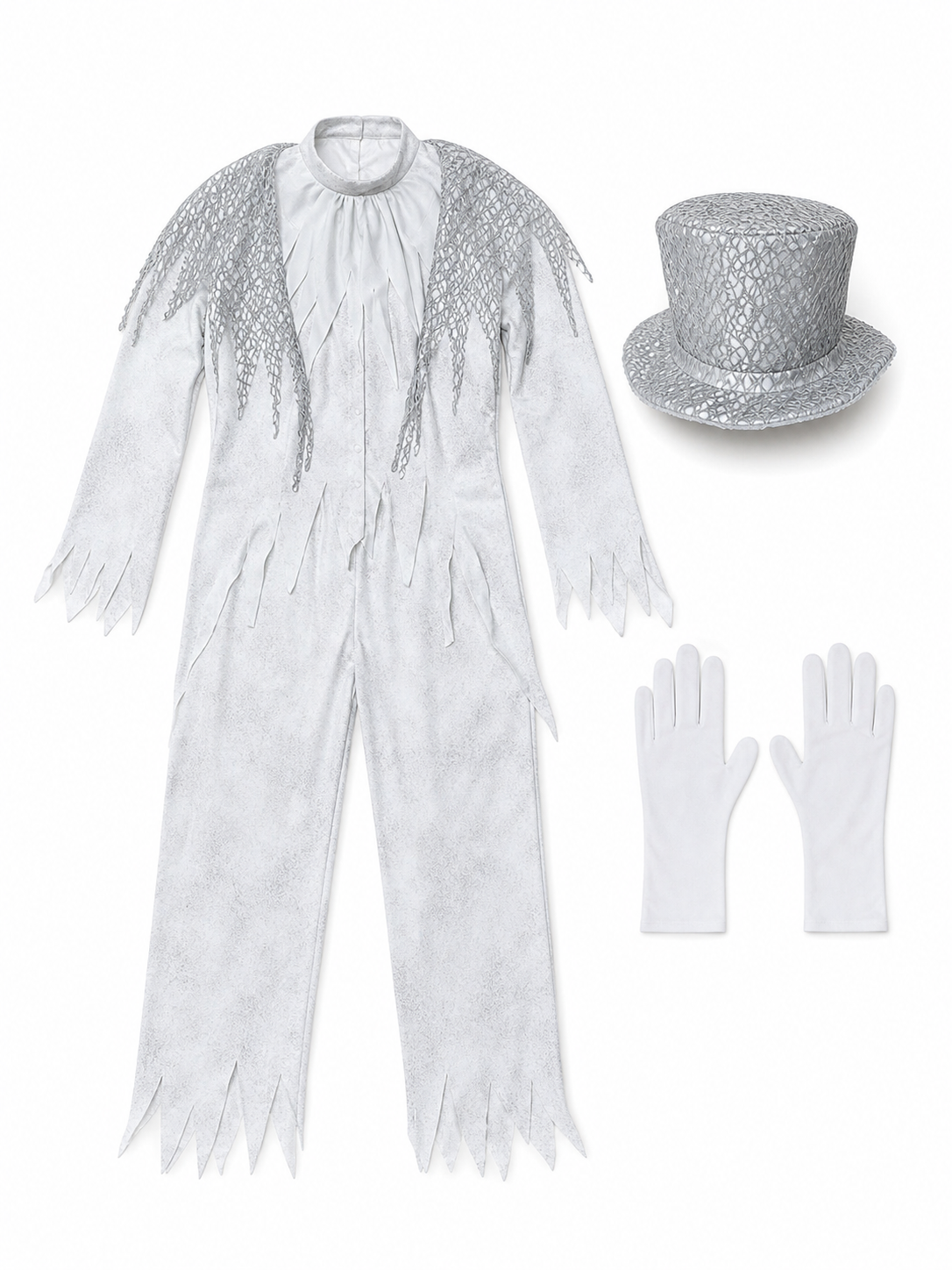 Theatrical Ghost Costume with Top Hat and Gloves included items