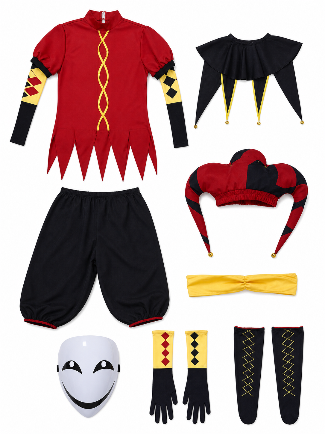 Pierrot Jester Costume for Cosplay with Mask and Accessories