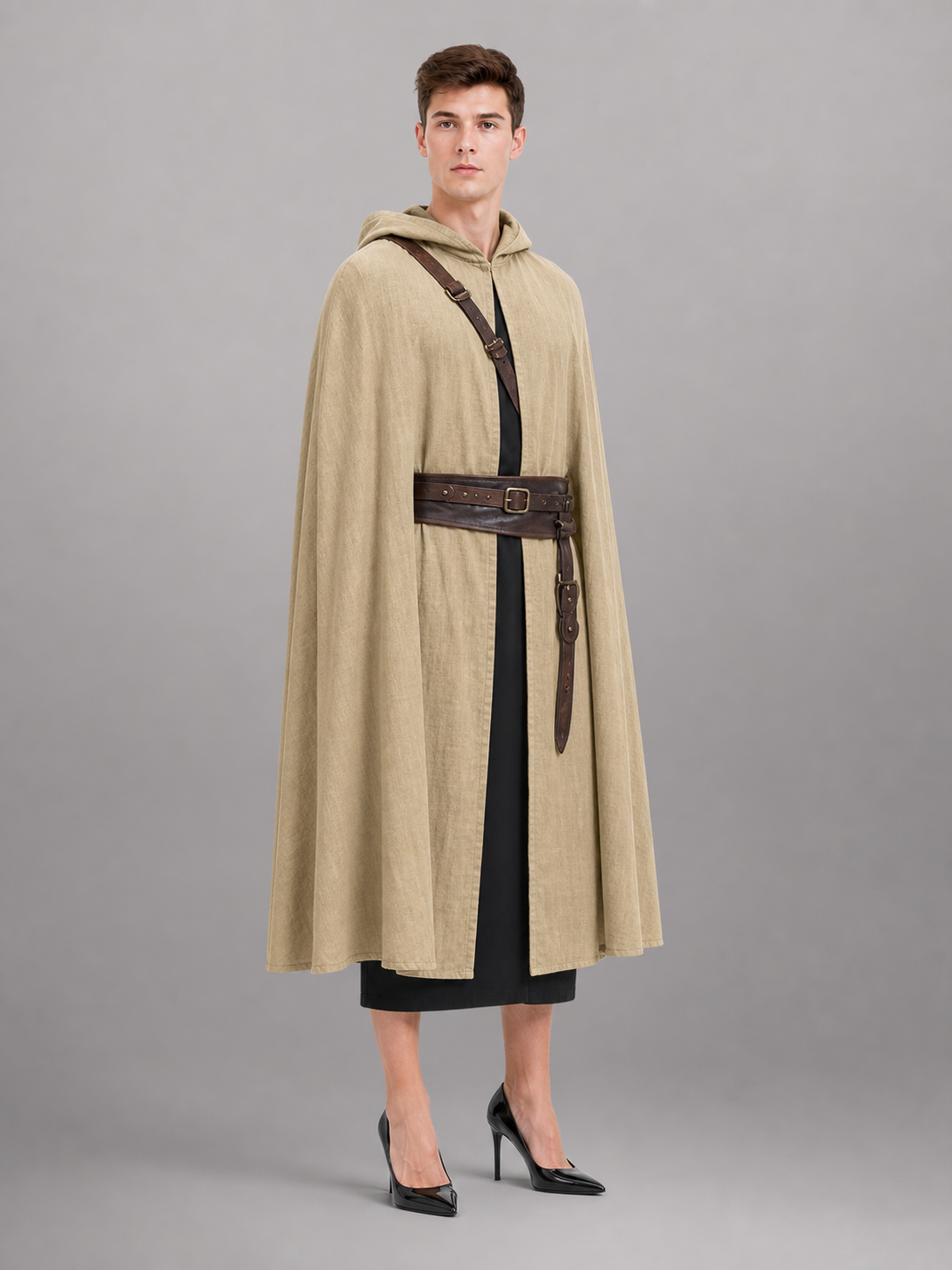 Khaki Hooded Medieval Carnival Cloak