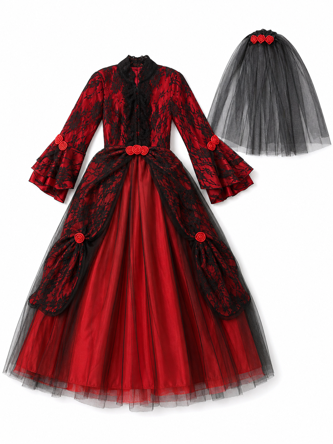 Gothic dress with roses and lace, red and black