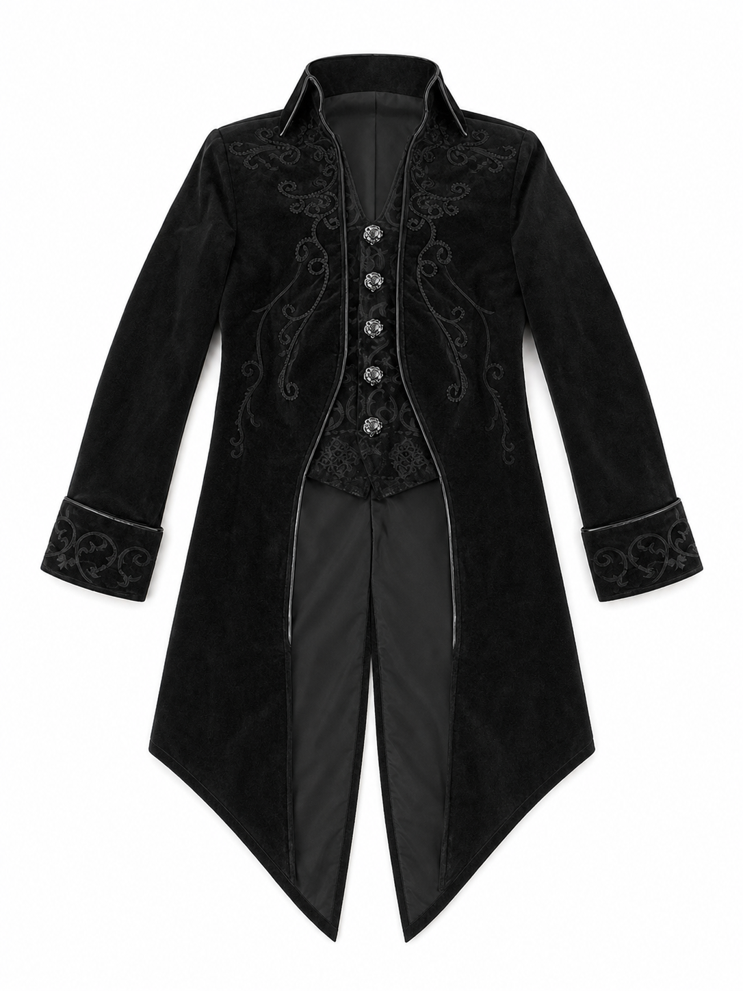 Black embroidered coat with a stand-up collar and pointed tails